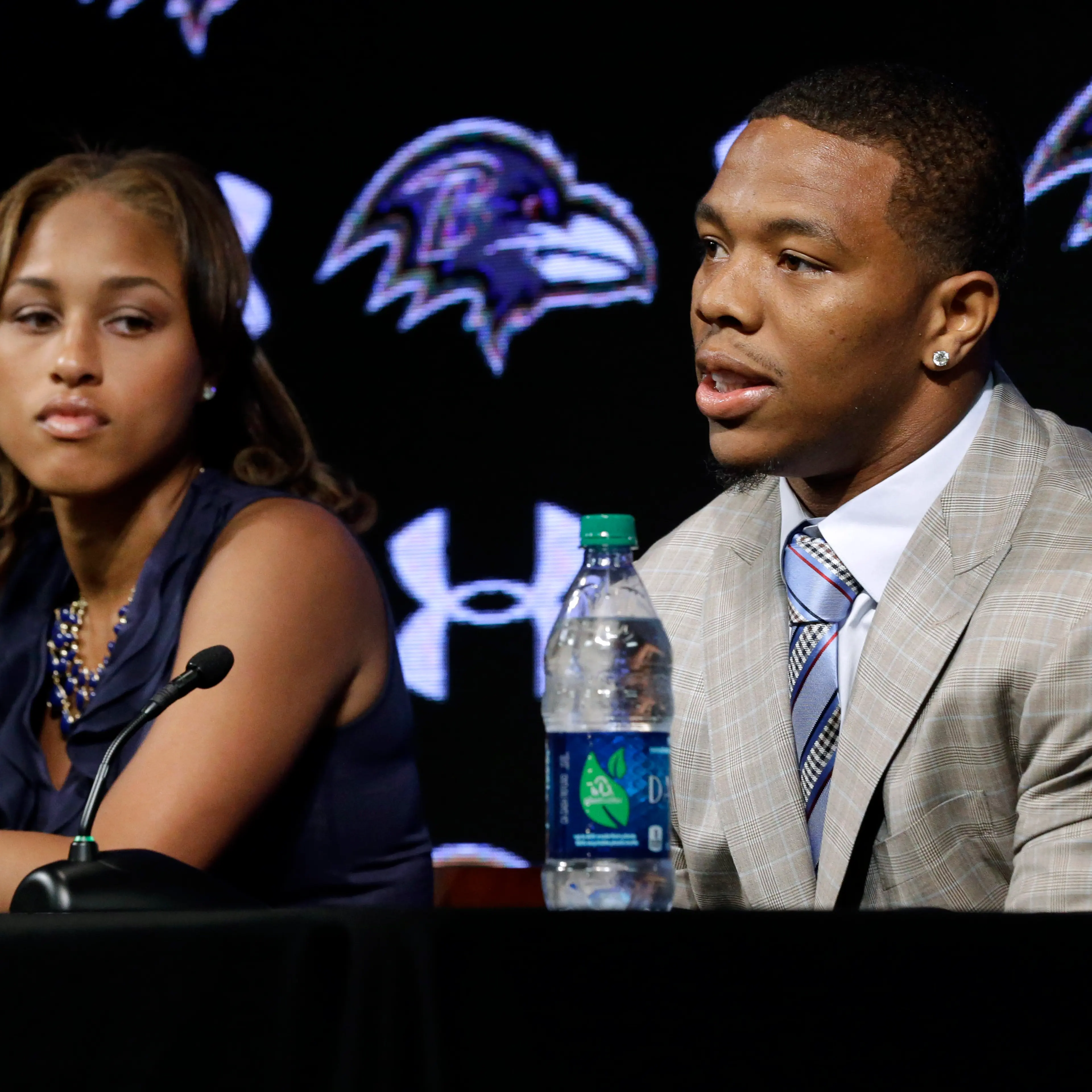 Baltimore Ravens running back Ray Rice speaks alongside his wife Janay during a news conference at the team's practice facility in Owings Mills, Md on May 23, 2014.