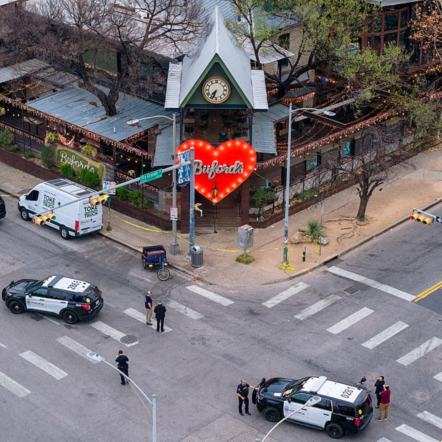 Members of the FBI and local law enforcement patrol and perform an investigation after a mass shooting outside of Buford's bar in downtown Austin, Texas on March 1, 2026.
