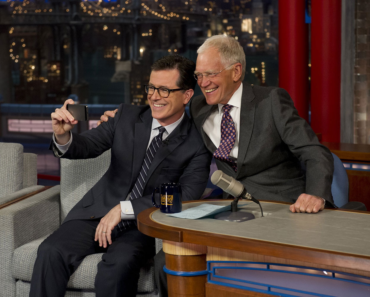 Stephen Colbert talks to David Letterman on the Late Show with David Letterman , April 22, 2014.
