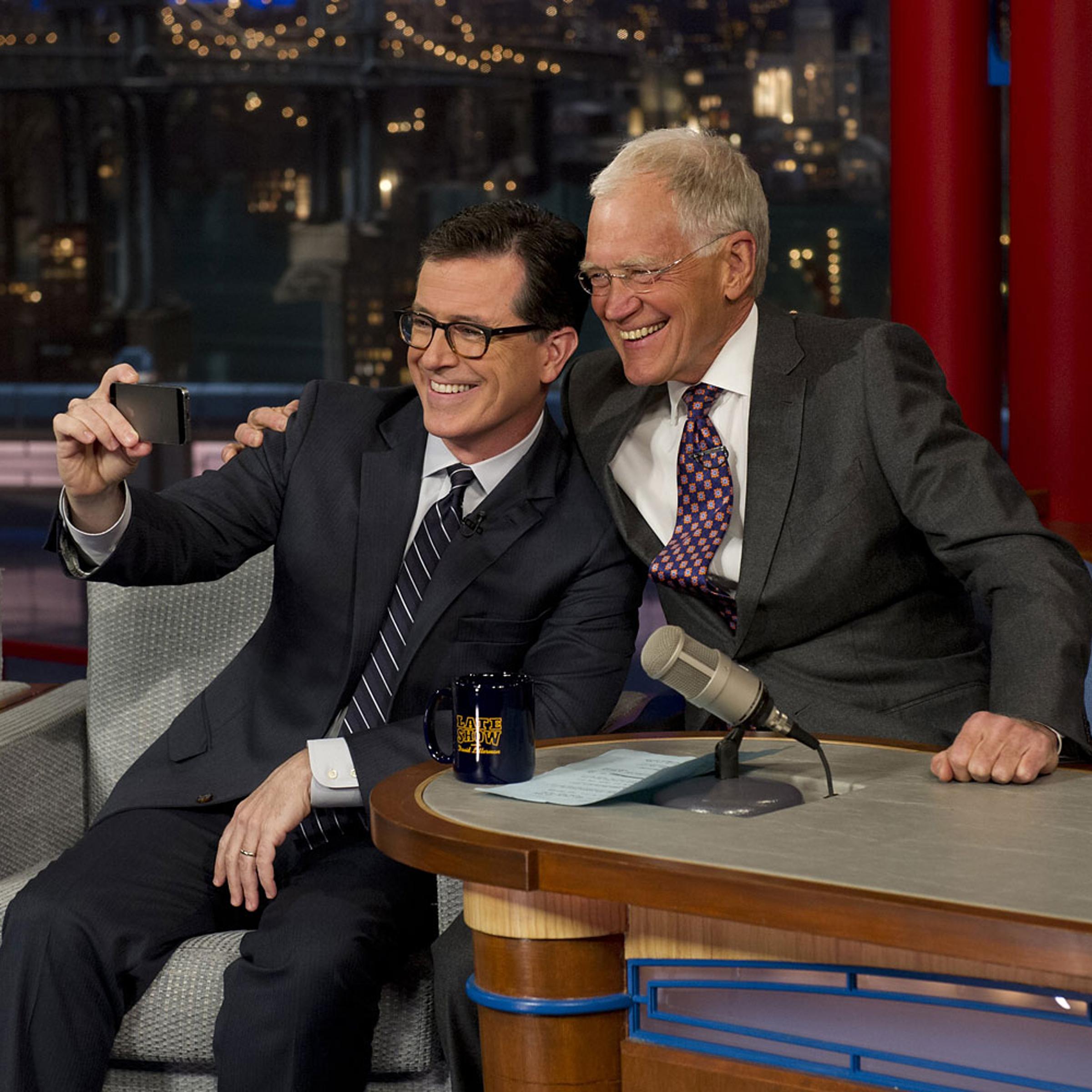 Stephen Colbert talks to David Letterman on the Late Show with David Letterman , April 22, 2014.