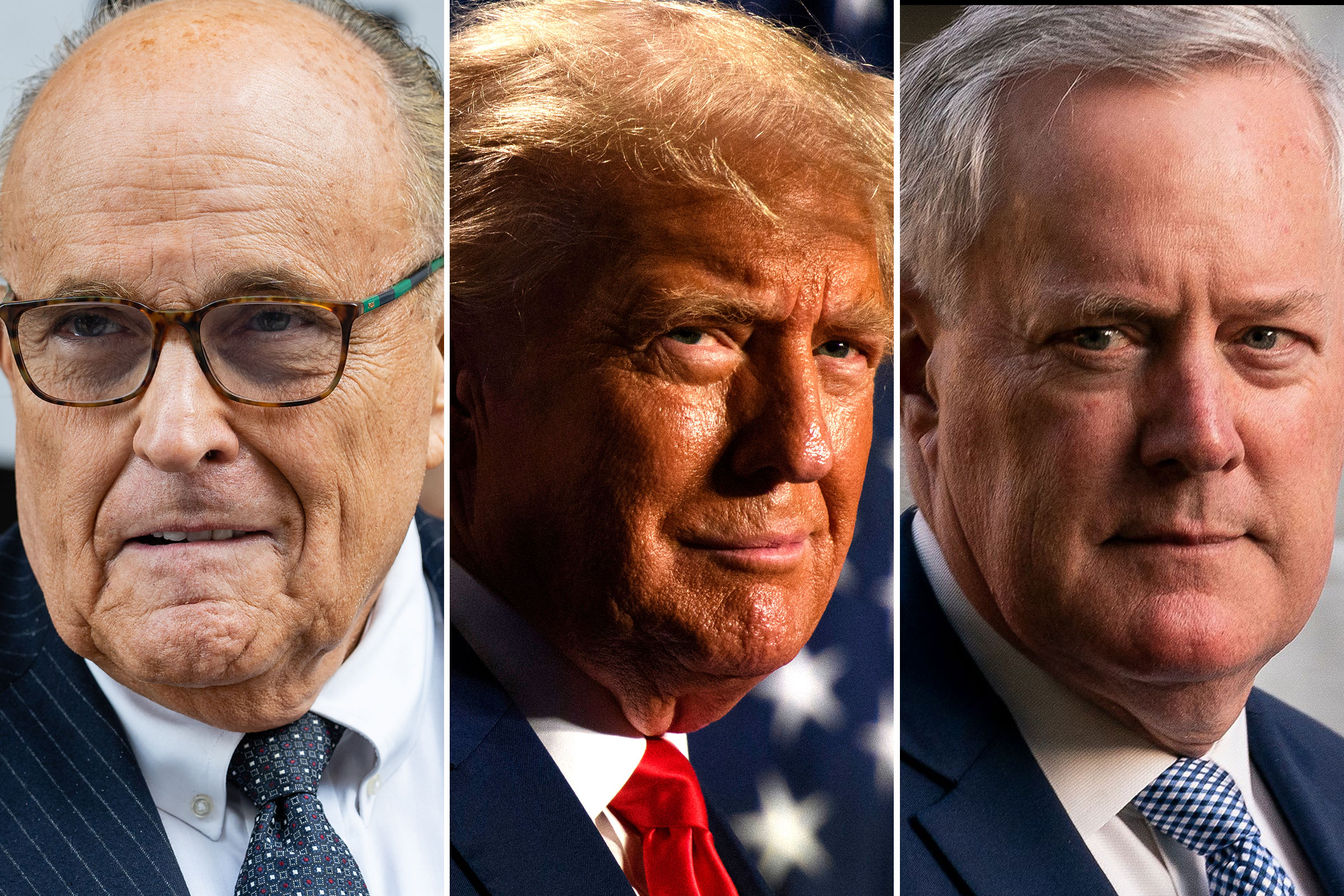A side by side of close of images of Rudy Giuliani, Donald Trump and Mark Meadows