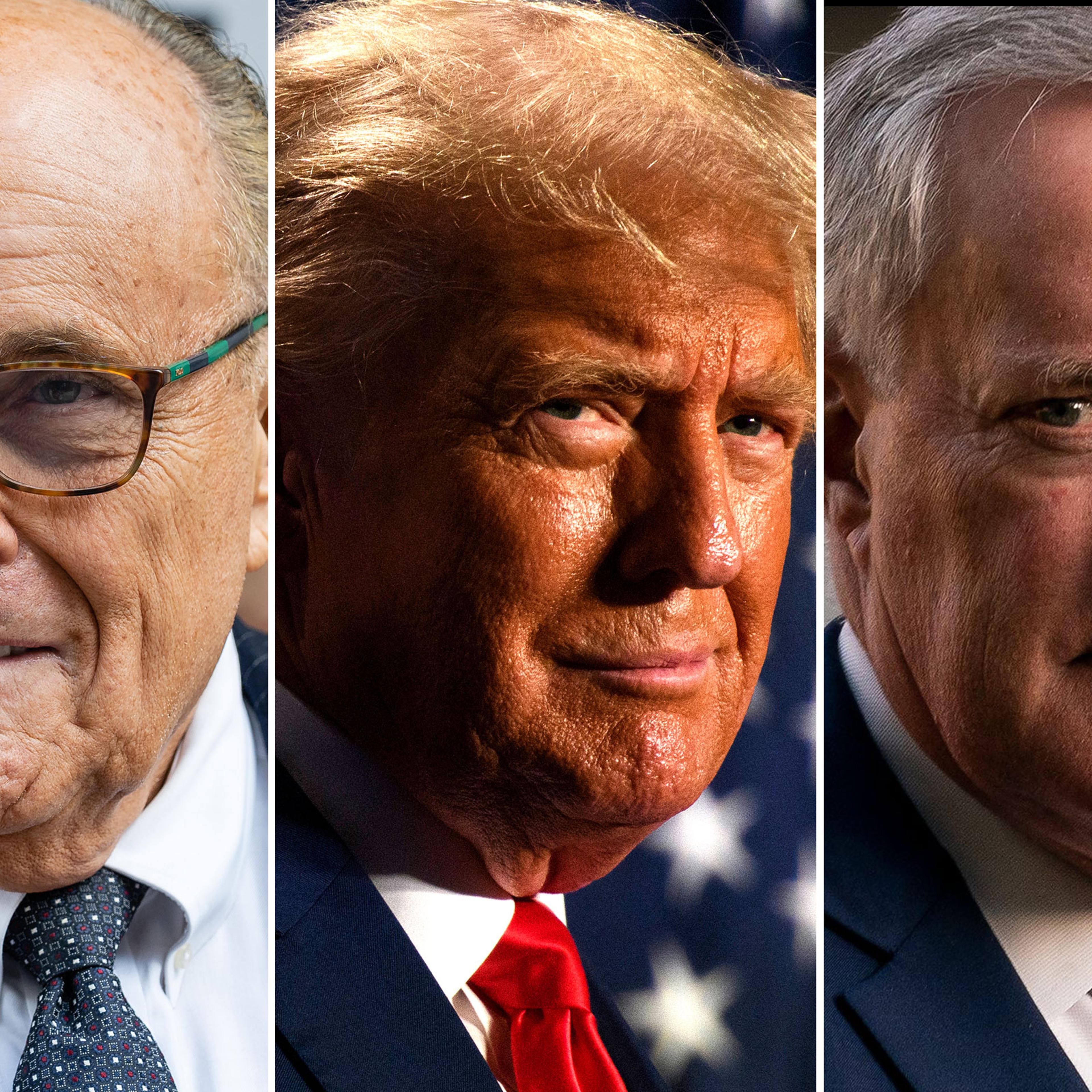 A side by side of close of images of Rudy Giuliani, Donald Trump and Mark Meadows