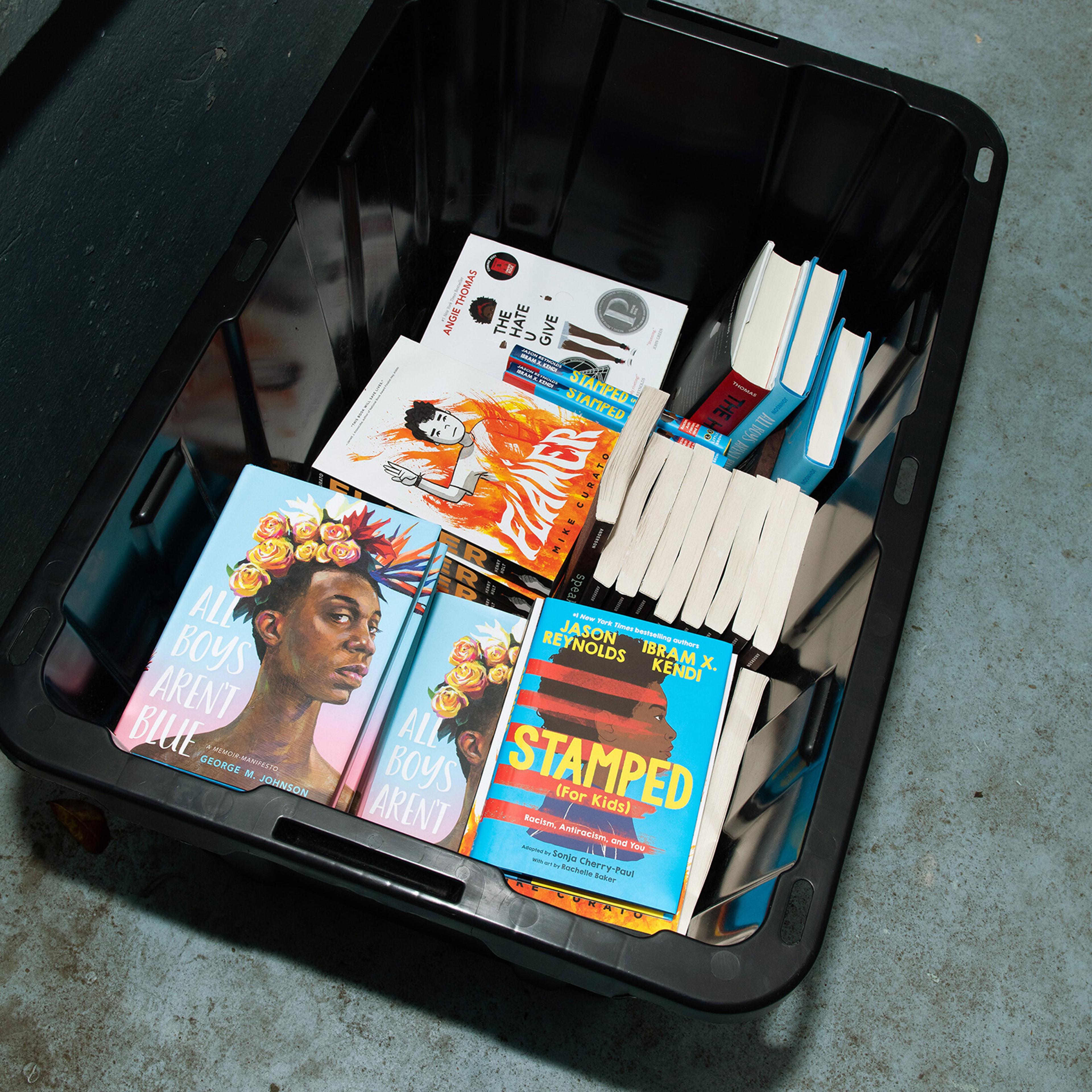 Books that are among a ban list at a rally in Tallahassee, Fla. on March 21. As book bans climb across the United States, Florida has become a hot spot, with laws that restrict books across the state.