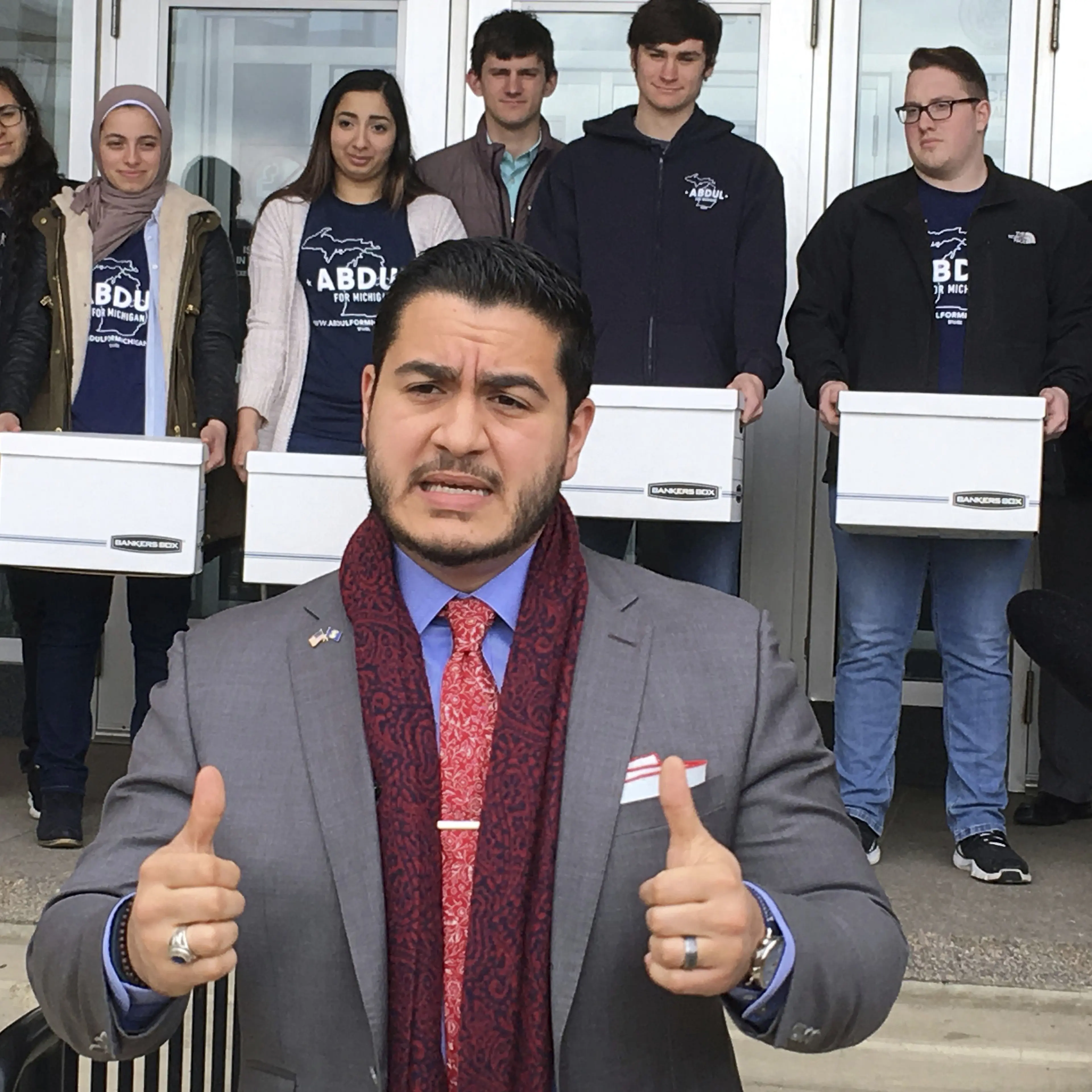 Democratic gubernatorial candidate Abdul El-Sayed speaks before submitting 24,000 nominating petitions to the Michigan Bureau of Elections, in Lansing, Mich.