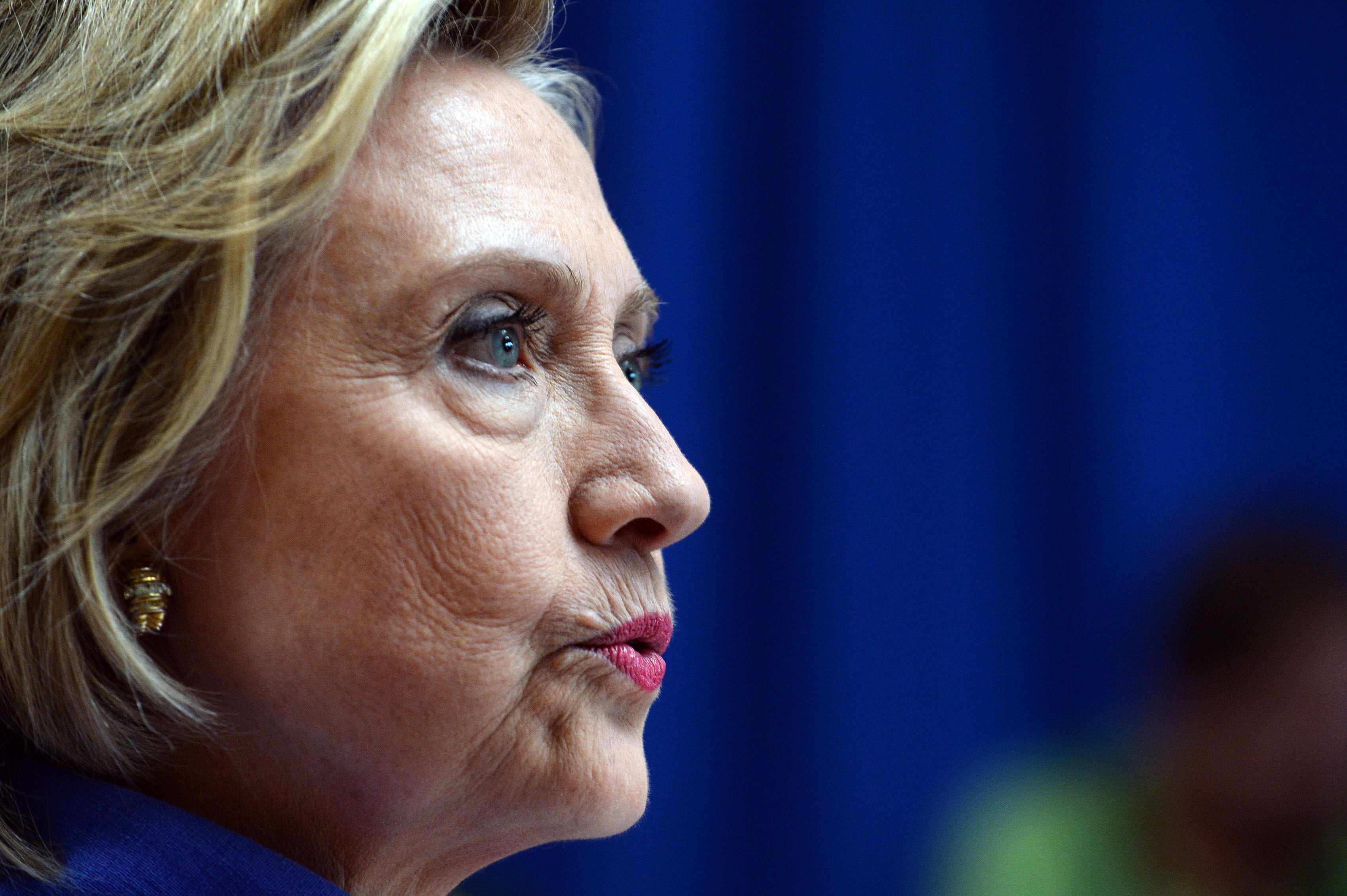EXETER, NH - AUGUST 10: Democratic presidential candidate Hillary Clinton takes questions from reporters following a town hall meeting at Exeter High School August 10, 2015 in Exeter, New Hampshire. Clinton answered questions about Donald Trump's recent 