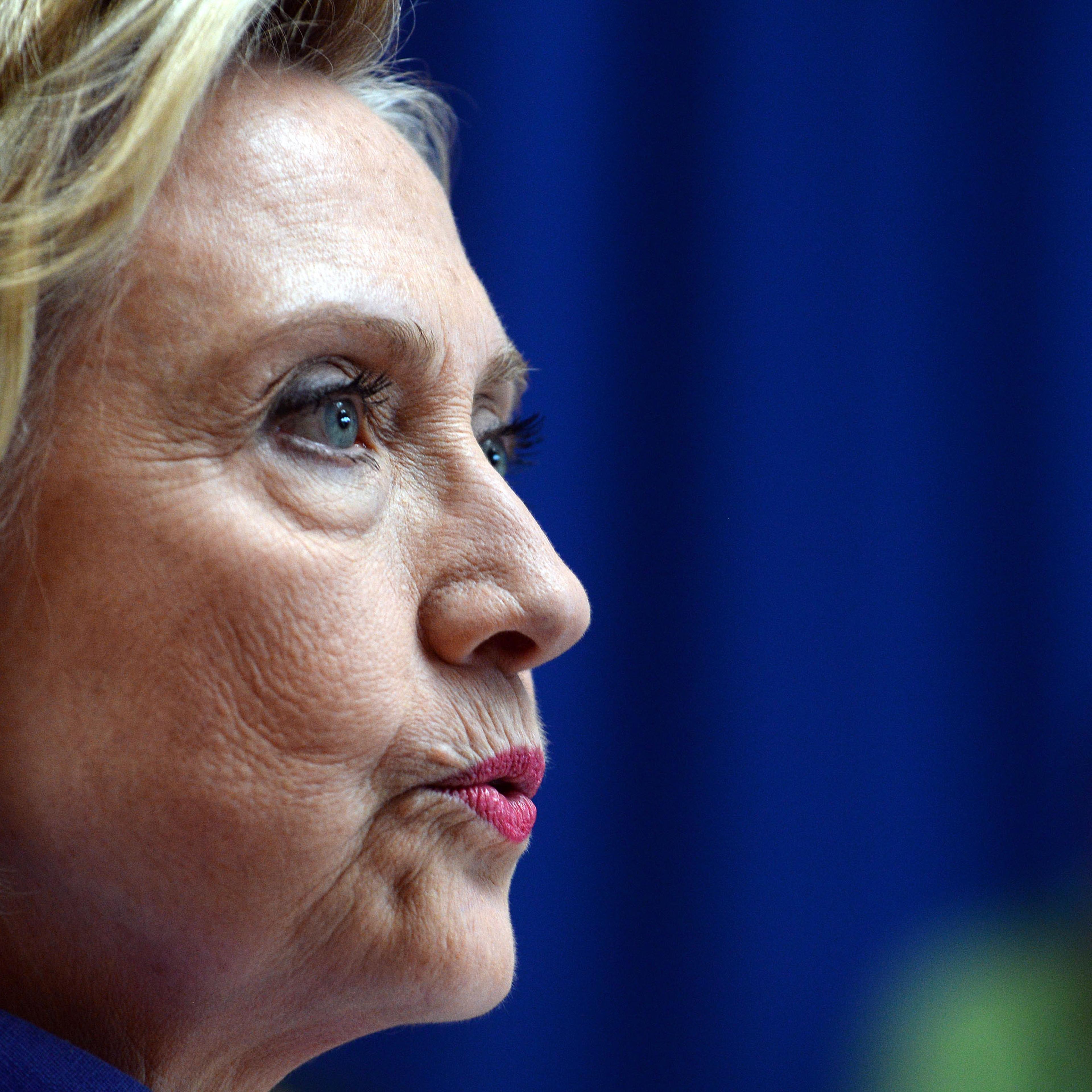 EXETER, NH - AUGUST 10: Democratic presidential candidate Hillary Clinton takes questions from reporters following a town hall meeting at Exeter High School August 10, 2015 in Exeter, New Hampshire. Clinton answered questions about Donald Trump's recent