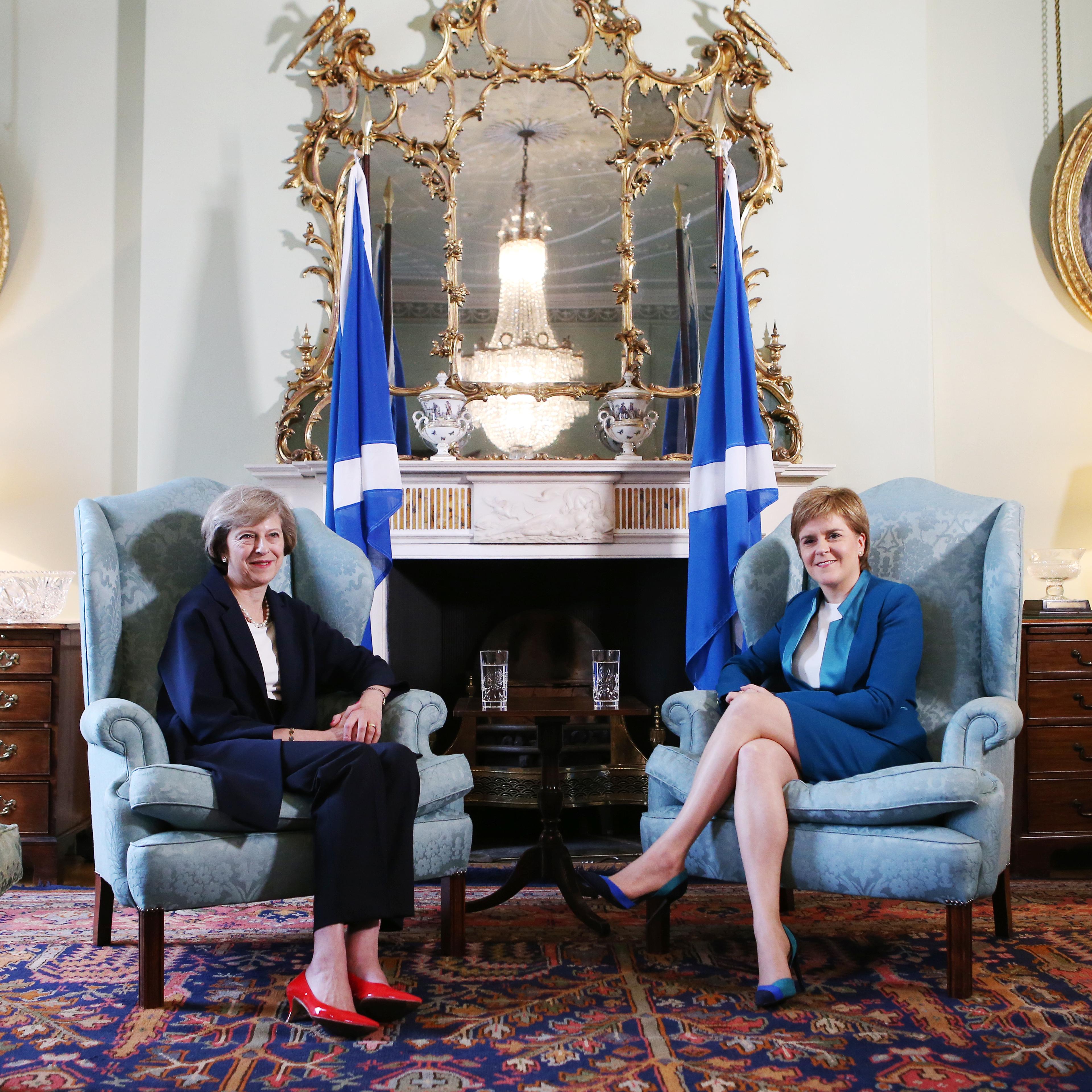 British Prime Minister Theresa May (L) meets with First Minister Nicola Sturgeon at Bute House on July 15, 2016 in Edinburgh, Scotland.