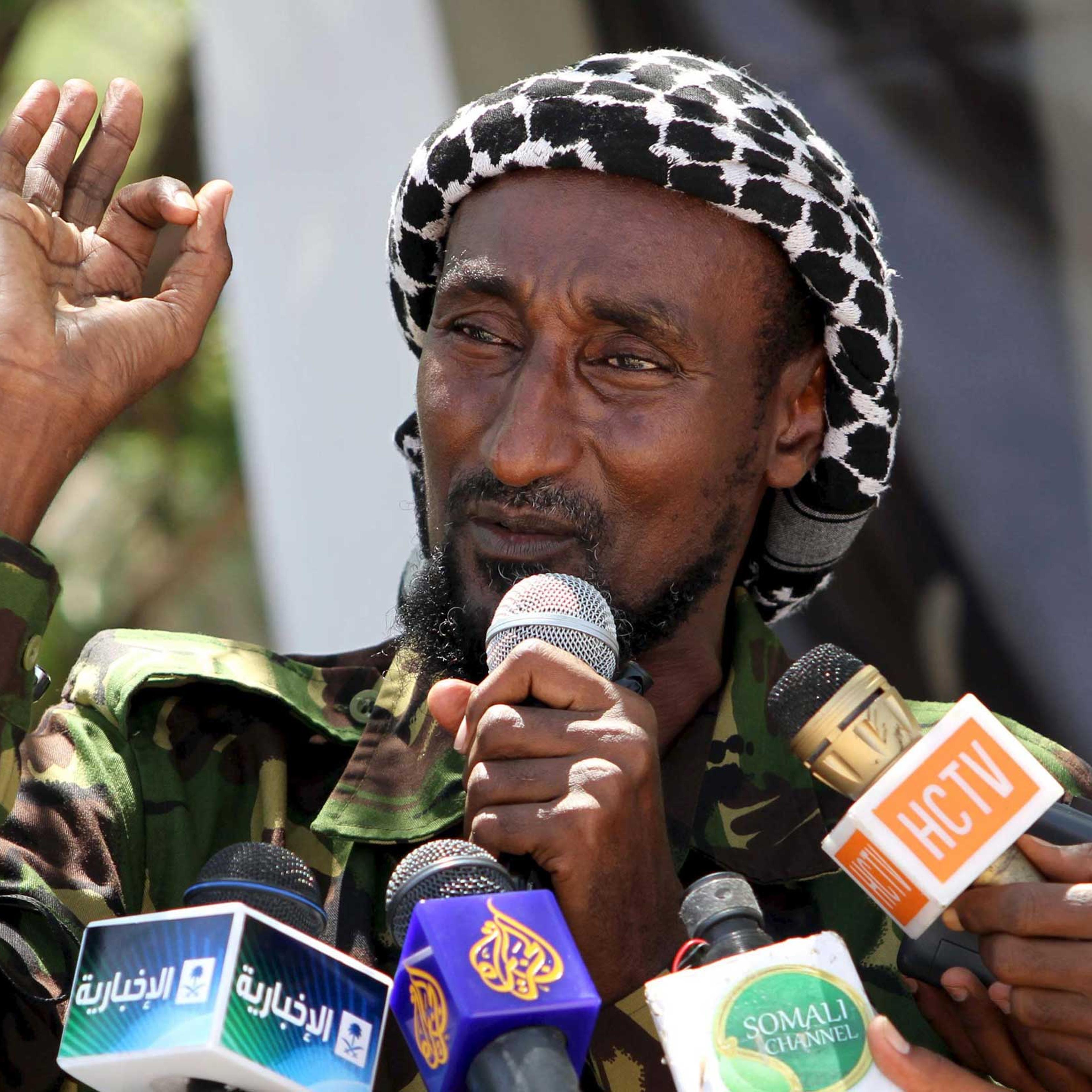 Senior Al-Shabab officer Mohamed Mohamud alias Sheik Dulayadayn addresses in Mogadishu, Somalia on Jan. 1, 2011.