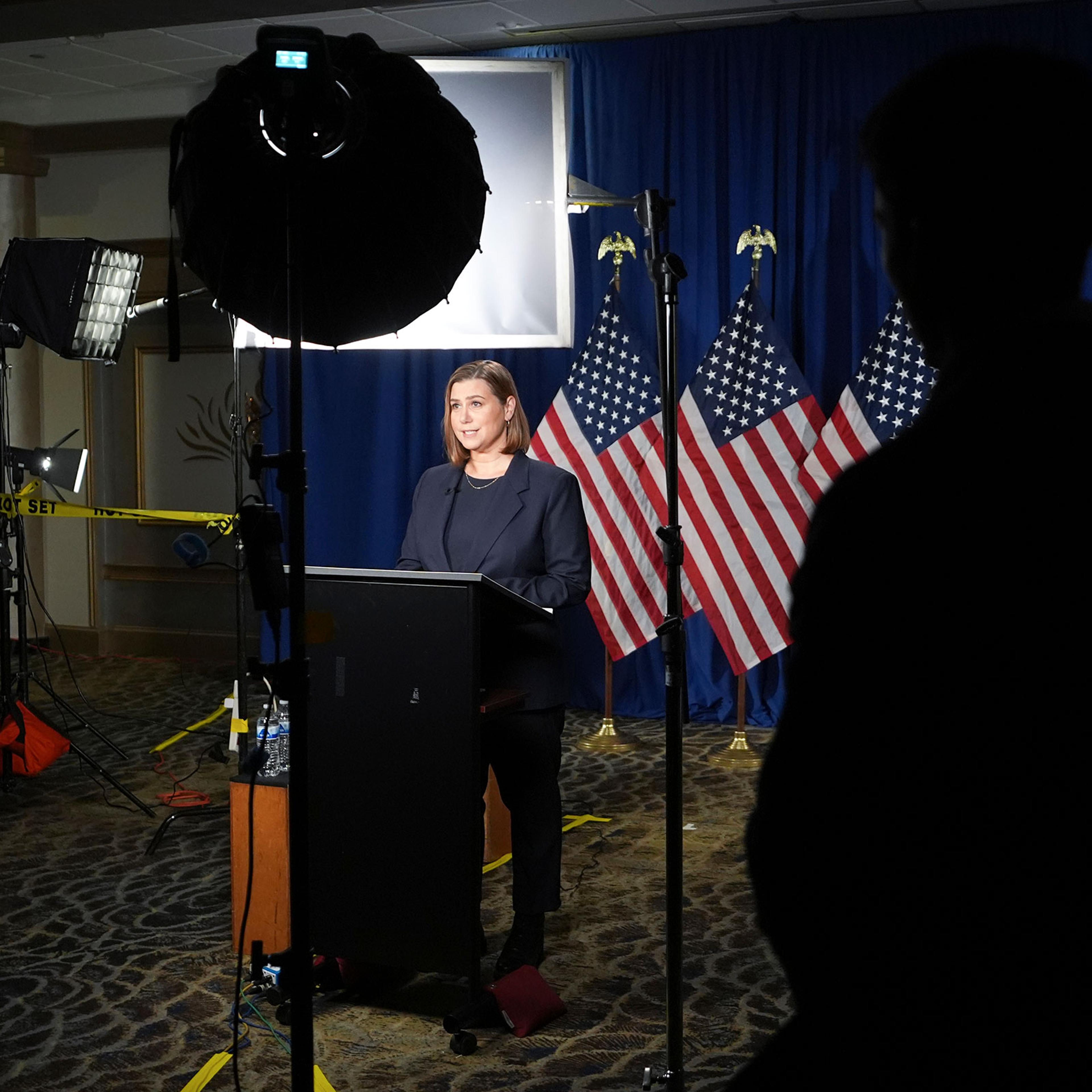 Sen. Elissa Slotkin rehearses the Democratic response to President Donald Trump's address to a joint session of Congress in Wyandotte, Michigan on March 4, 2025.