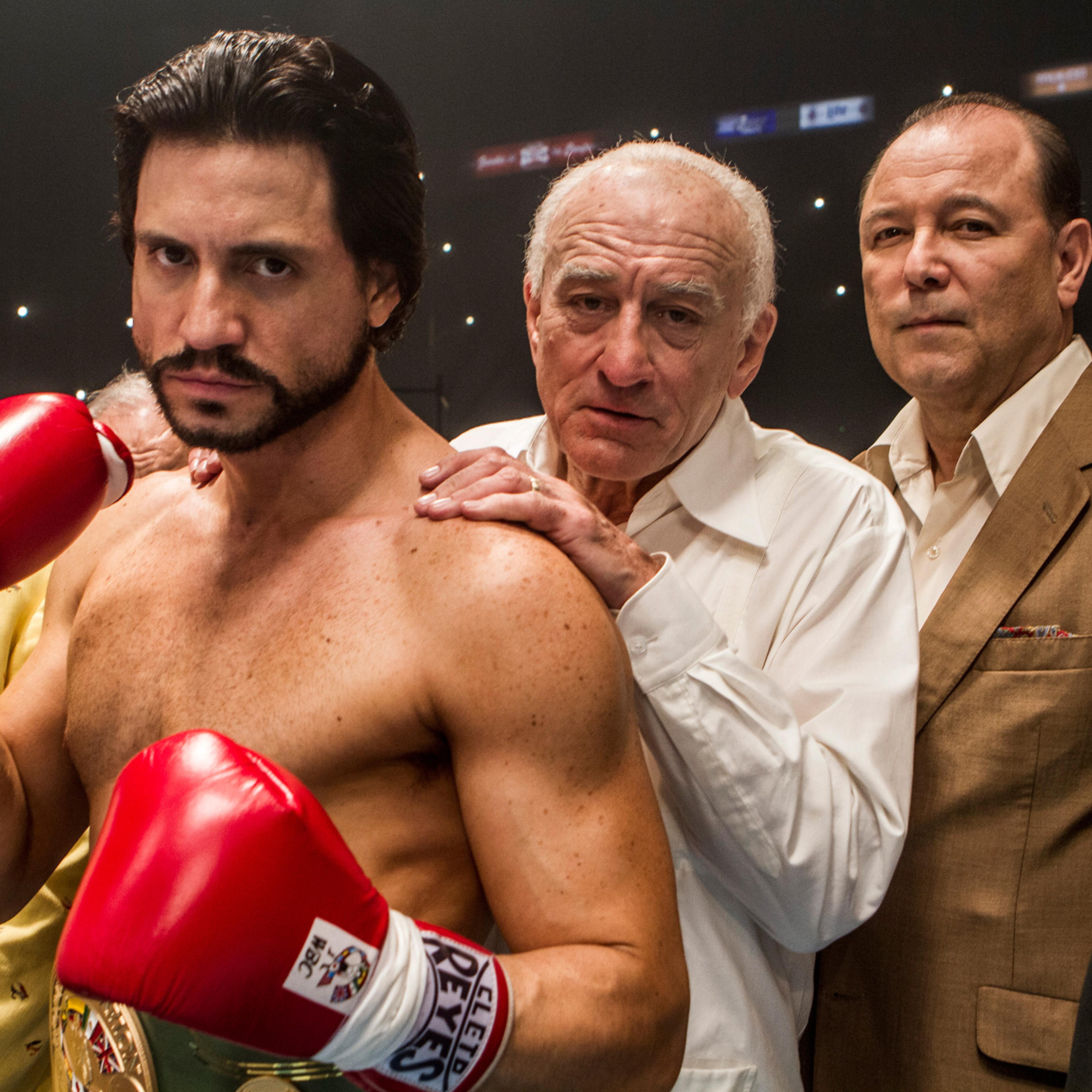 Édgar Ramírez, Robert De Niro and Rubén Blades in Hands of Stone.