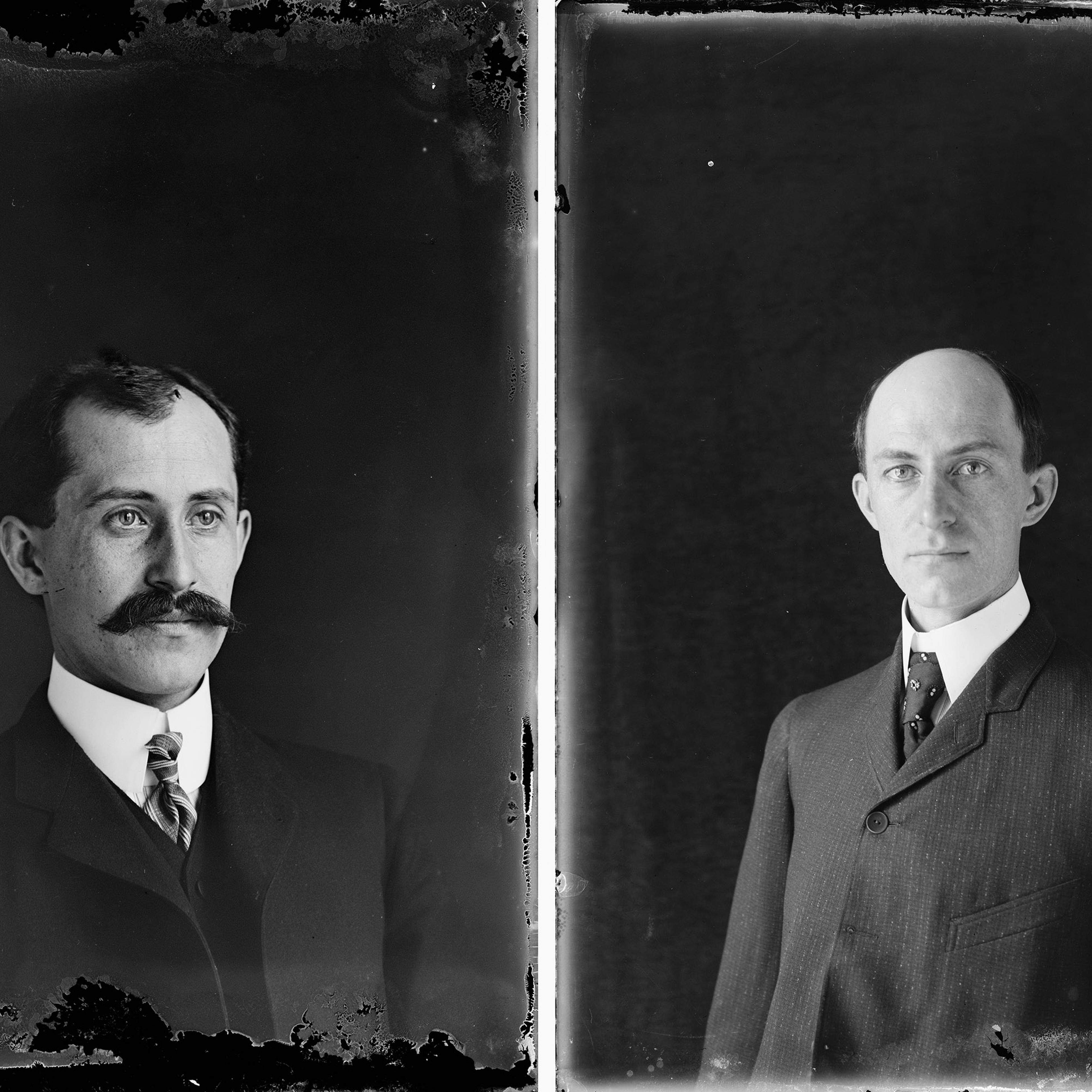 Dry plate, glass negatives from 1905 of Orville Wright at age 34 and Wilbur Wright at 38.