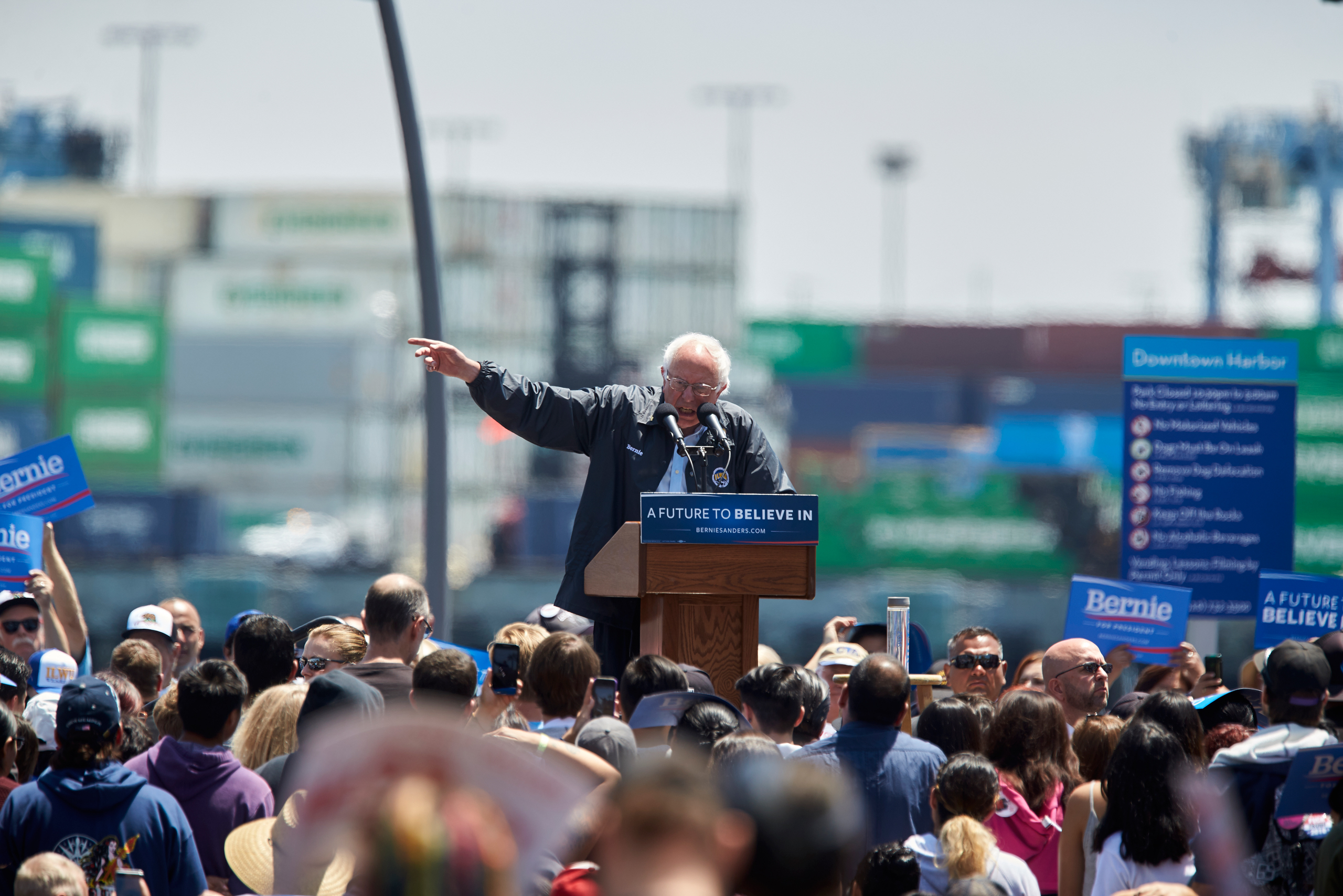 Democratic presidential candidate Sen. Bernie Sanders, I-Vt., speaks at a campaign rally with the Port of Los Angeles in San Pedro district of Los Angeles Friday, May 27, 2016. (AP Photo/Damian Dovarganes)