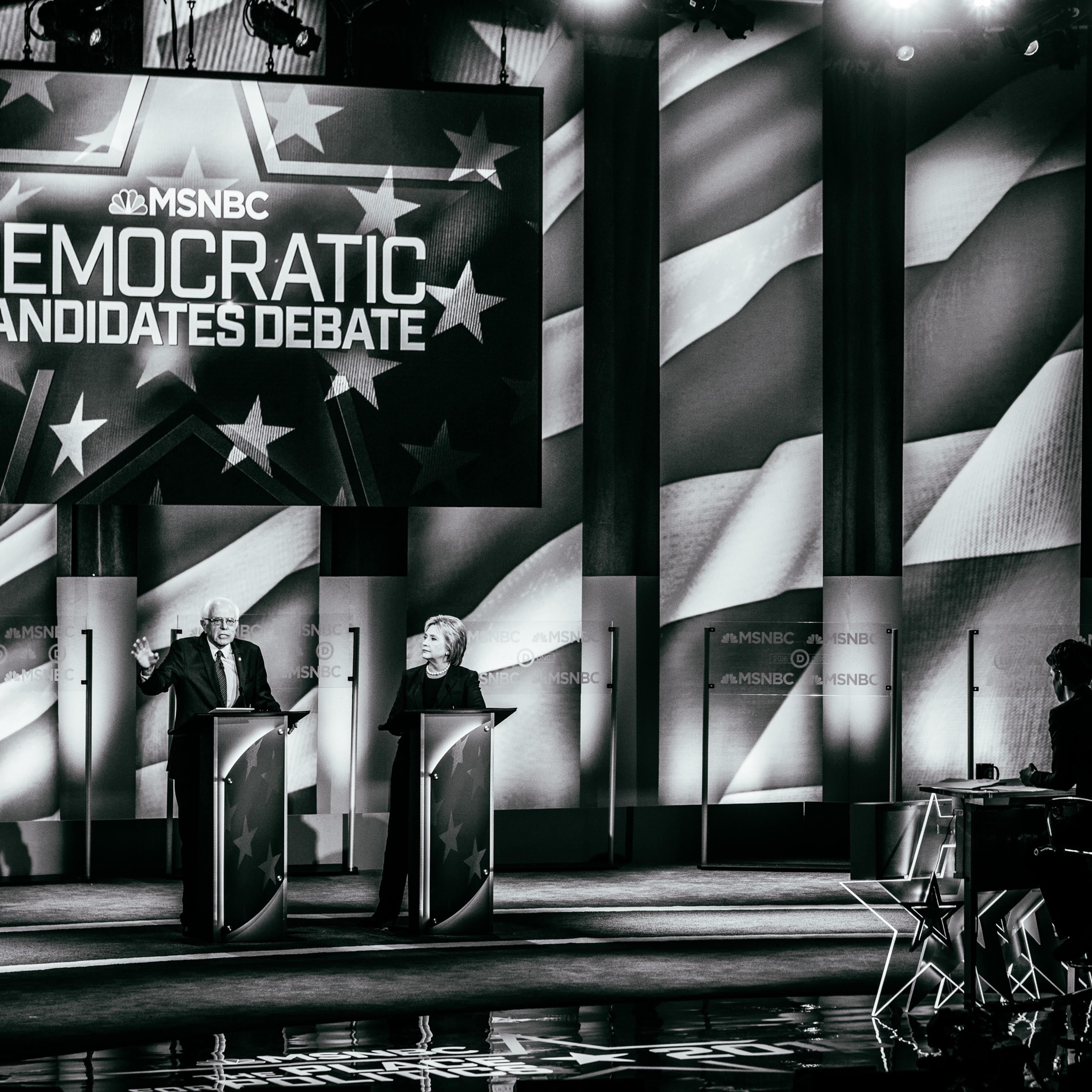 Democratic presidential candidates former Secretary of State Hillary Clinton and U.S. Sen. Bernie Sanders (I-VT) appear at a Democratic debate at the University of New Hampshire on Feb. 4, 2016 in Durham, N.H.