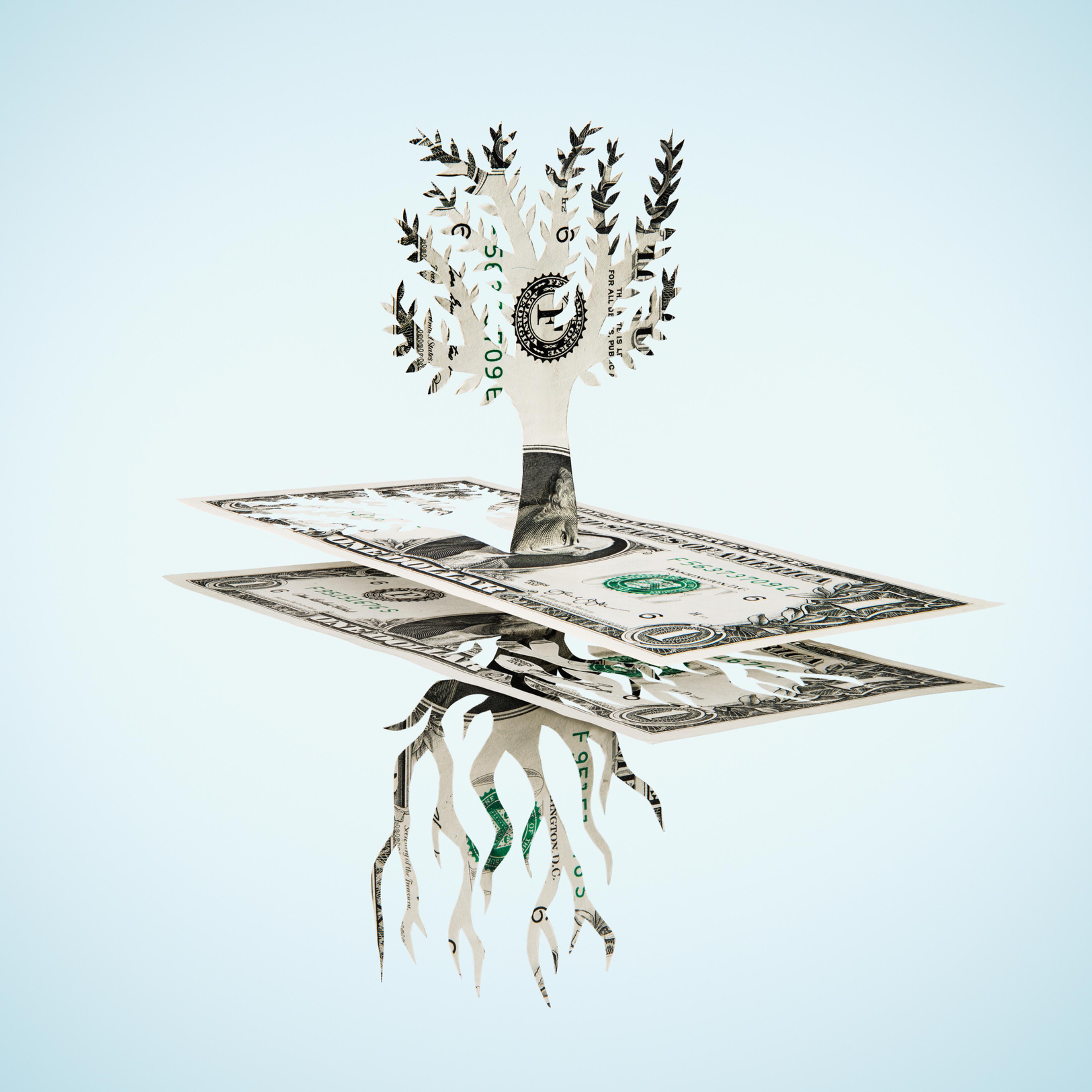 Paper-cut dollar - Tree and roots.