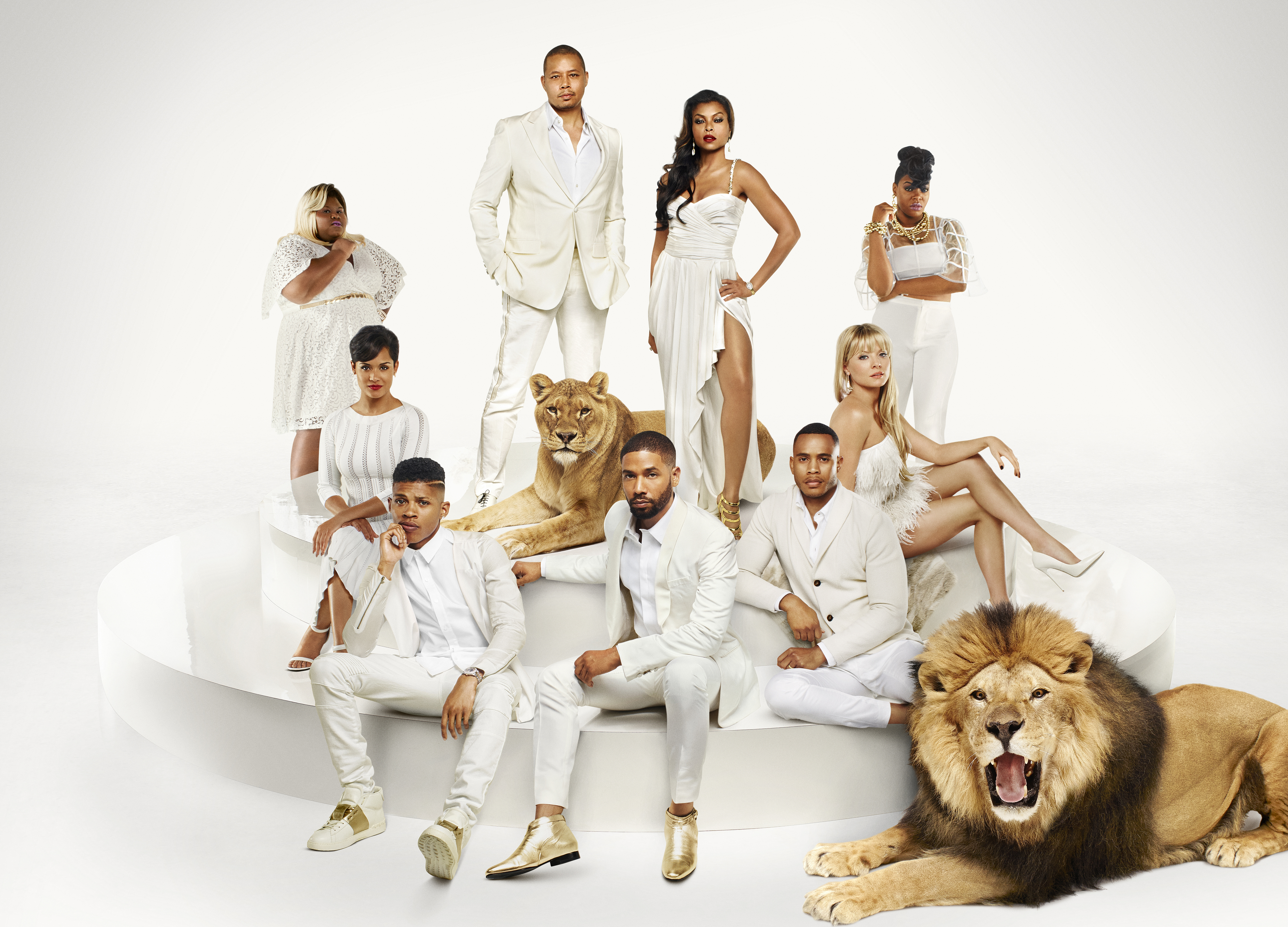 EMPIRE: Cast Pictured L-R: (Bottom Row) Bryshere Gray as Hakeem Lyon, Jussie Smollett as Jamal Lyon, Trai Byers as Andre Lyon (Middle Row) Grace Gealey as Anika, Kaitlin Doubleday as Rhonda Lyon (Back Row) Gabourey Sidibe as Becky, Terrence Howard as Luc