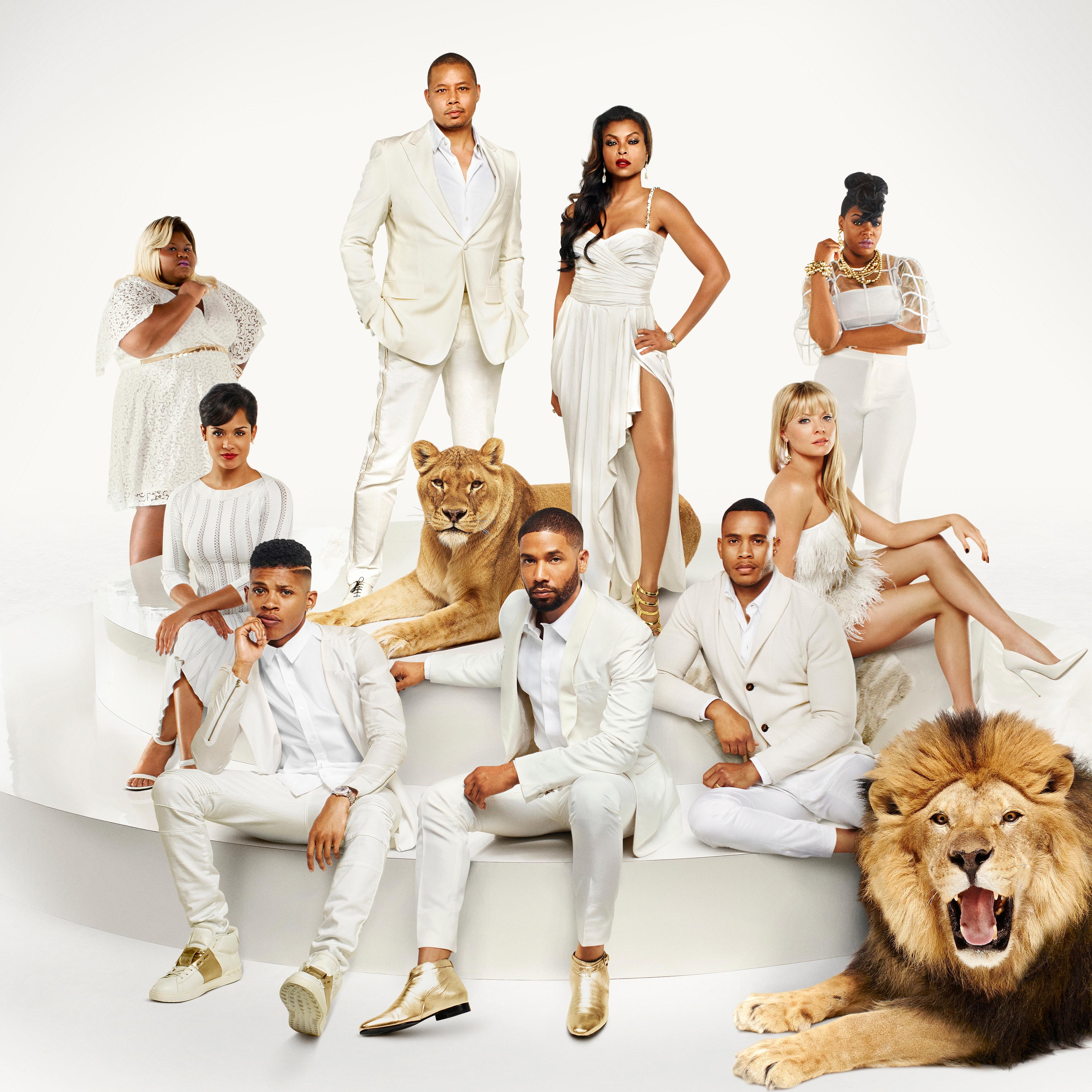 EMPIRE: Cast Pictured L-R: (Bottom Row) Bryshere Gray as Hakeem Lyon, Jussie Smollett as Jamal Lyon, Trai Byers as Andre Lyon (Middle Row) Grace Gealey as Anika, Kaitlin Doubleday as Rhonda Lyon (Back Row) Gabourey Sidibe as Becky, Terrence Howard as Luc