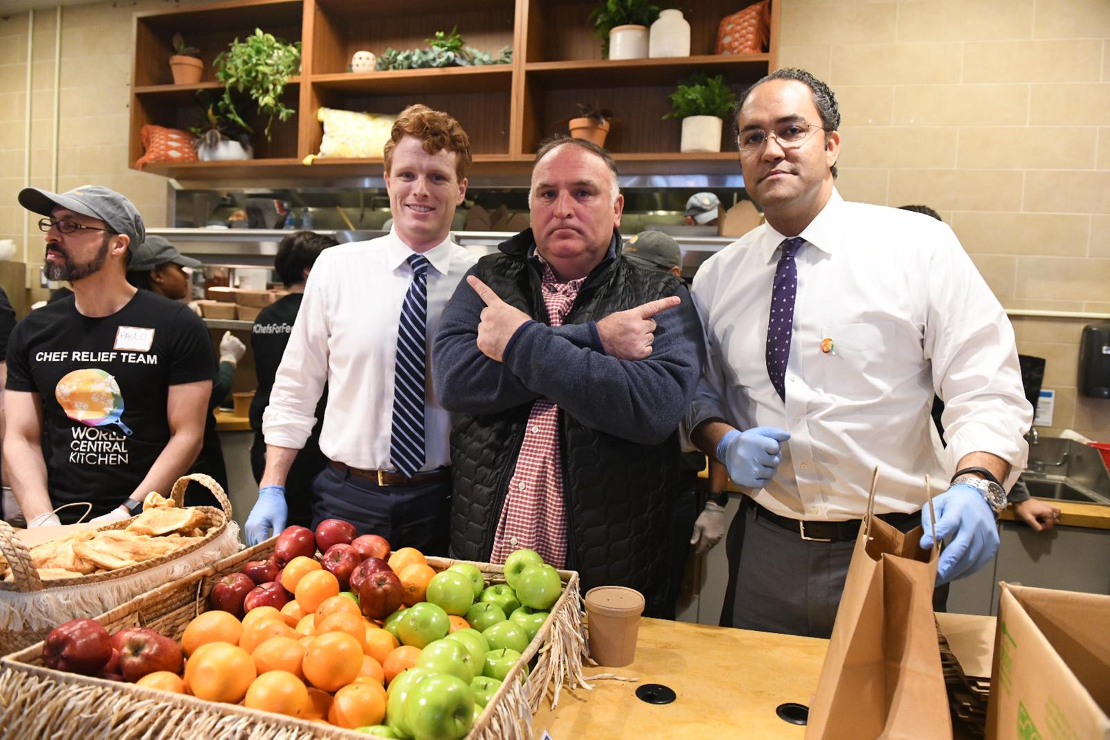 Democratic Rep. Joe Kennedy III of Massachusetts (left), Washington chef José Andrés and Republican Rep. Will Hurd of Texas work together in Andrés' soup kitchen for furloughed workers on Jan. 23, 2019.