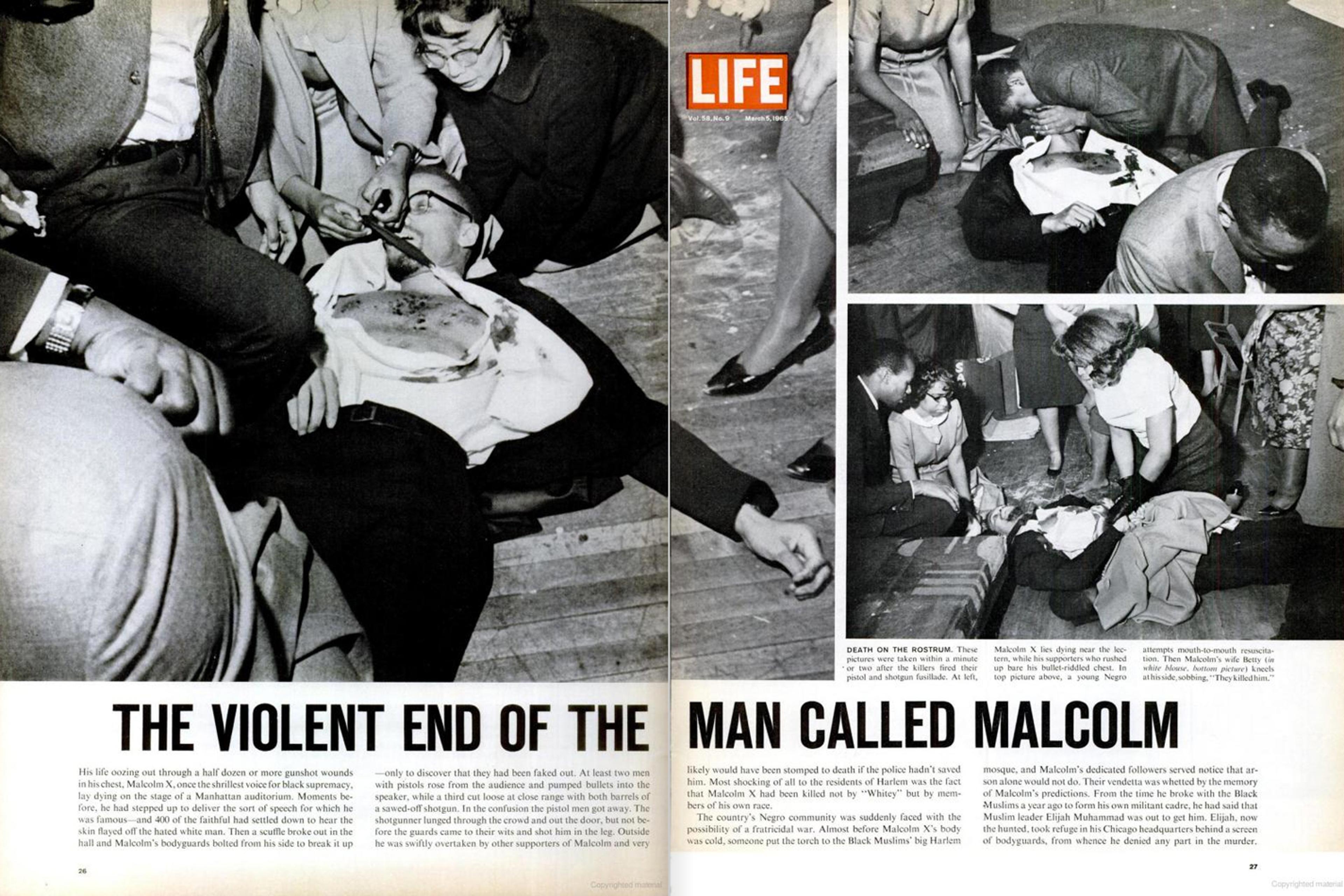 A photo by Malcolm X's close associate Earl Grant shows Yuri Kochiyama (above left, in glasses) cradling the fatally wounded human rights activist's head at the Audubon Ballroom in Harlem, Feb. 21, 1965.