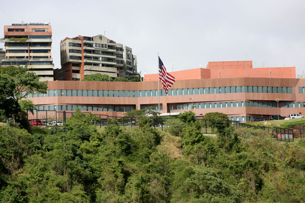 The facade of the American embassy amid protests in Caracas