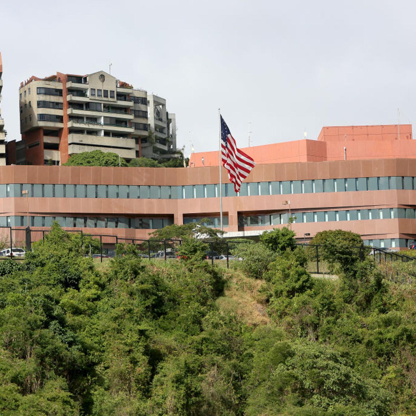 The facade of the American embassy amid protests in Caracas