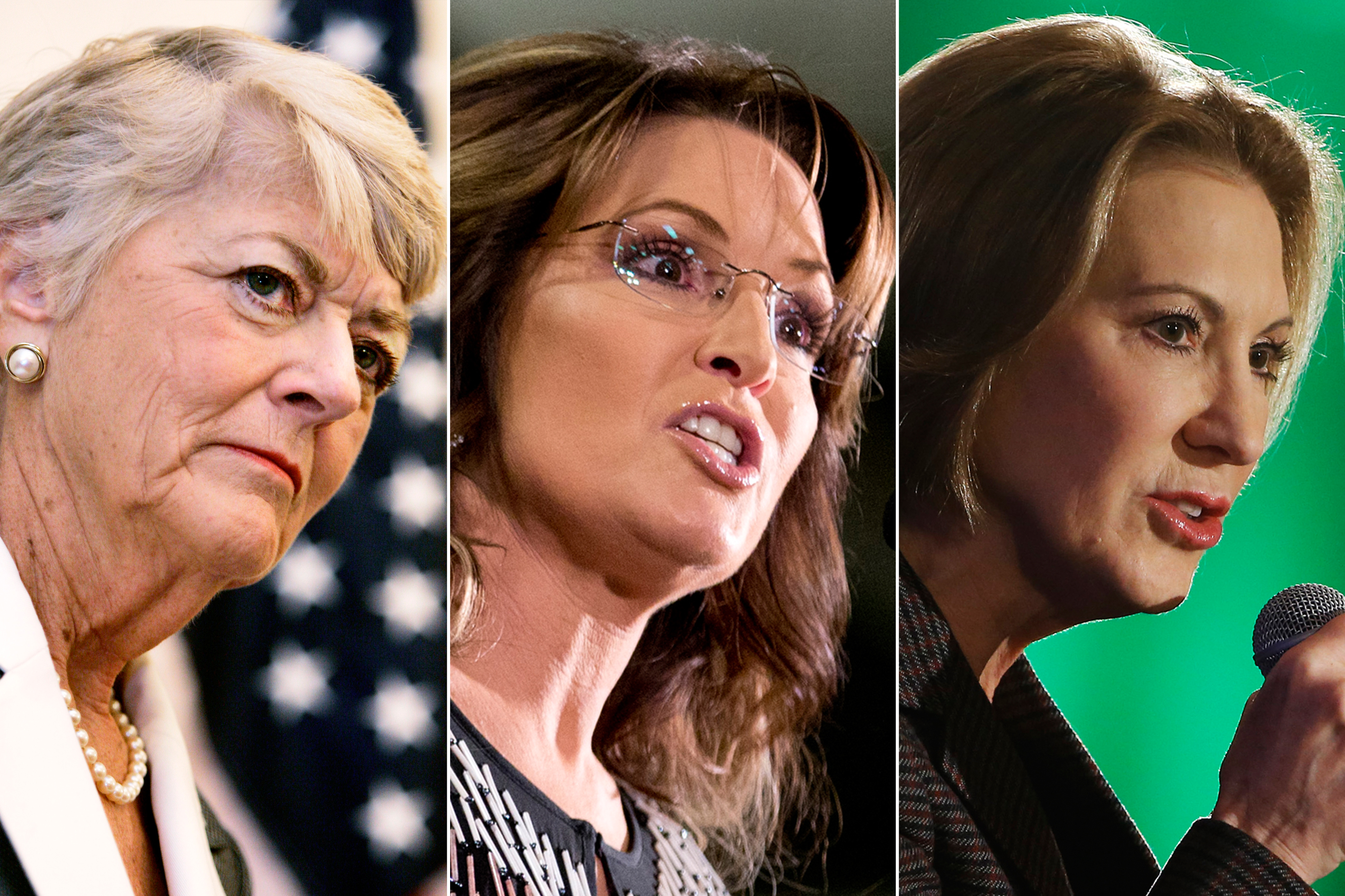 Geraldine Ferraro in Chicago, on May 4, 2007 (L); Sarah Palin in Ames, Iowa on Jan. 19, 2016 (C); Carly Fiorina in Nashua, NH on Jan. 23, 2016.