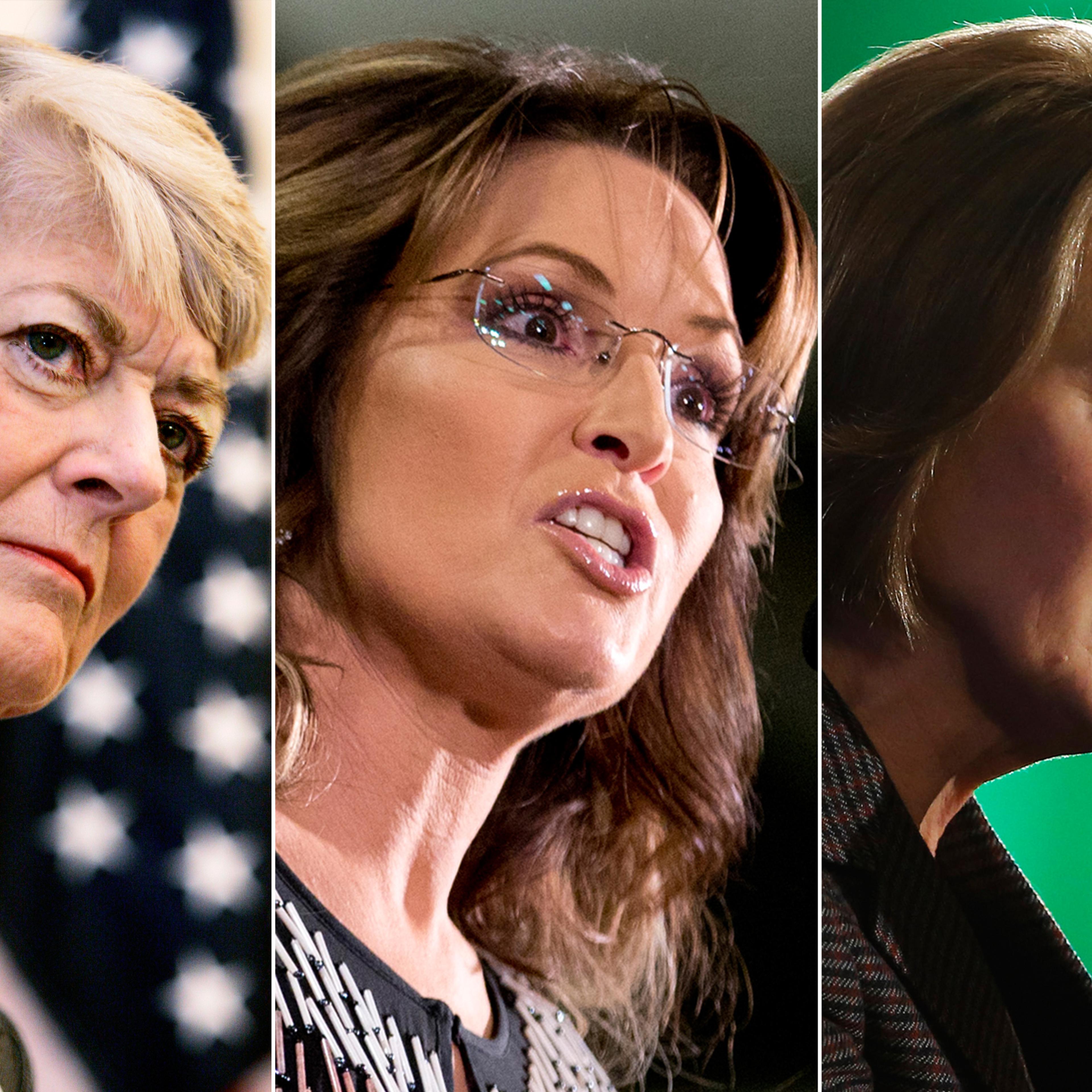 Geraldine Ferraro in Chicago, on May 4, 2007 (L); Sarah Palin in Ames, Iowa on Jan. 19, 2016 (C); Carly Fiorina in Nashua, NH on Jan. 23, 2016.