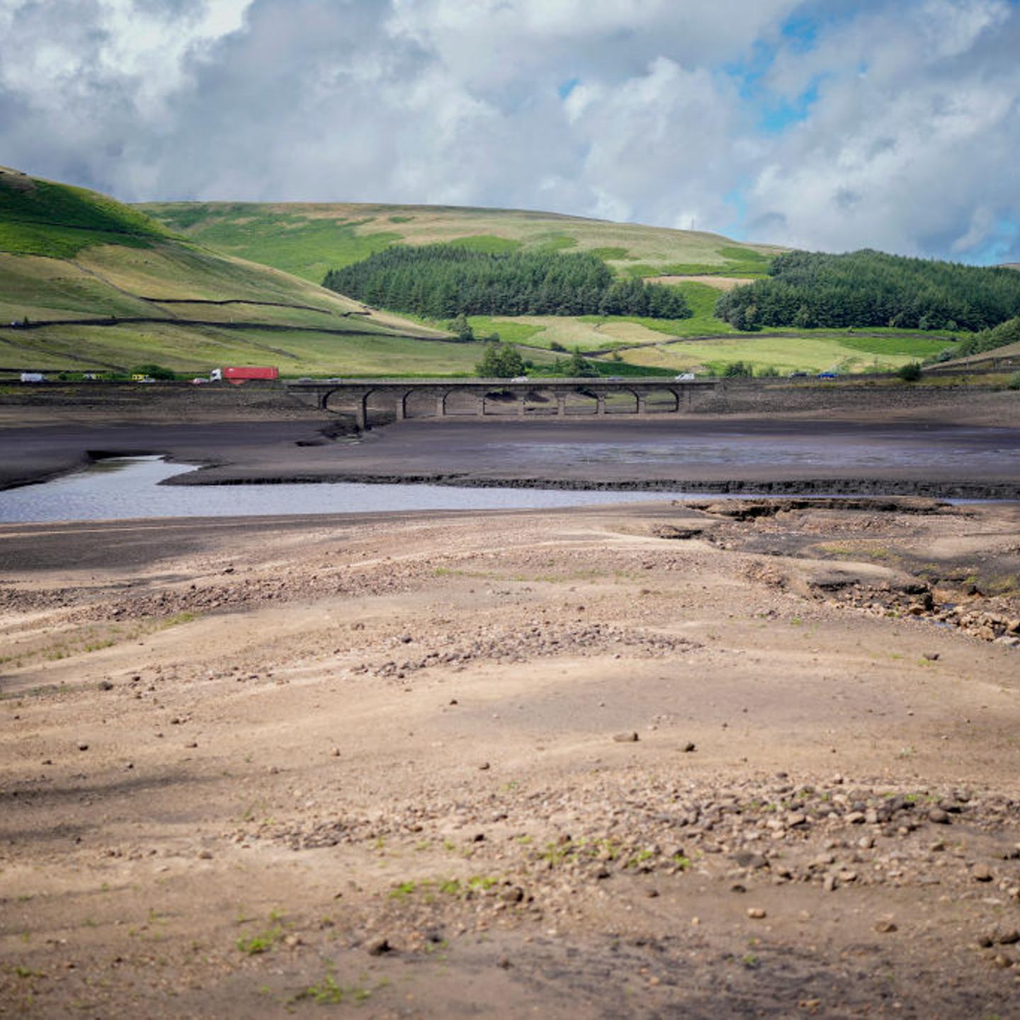 An general view of low water levels at Woodhead Reservoir on July 3, 2023 in Glossop, England. The Met Office confirmed it was the hottest June on record for the U.K.
