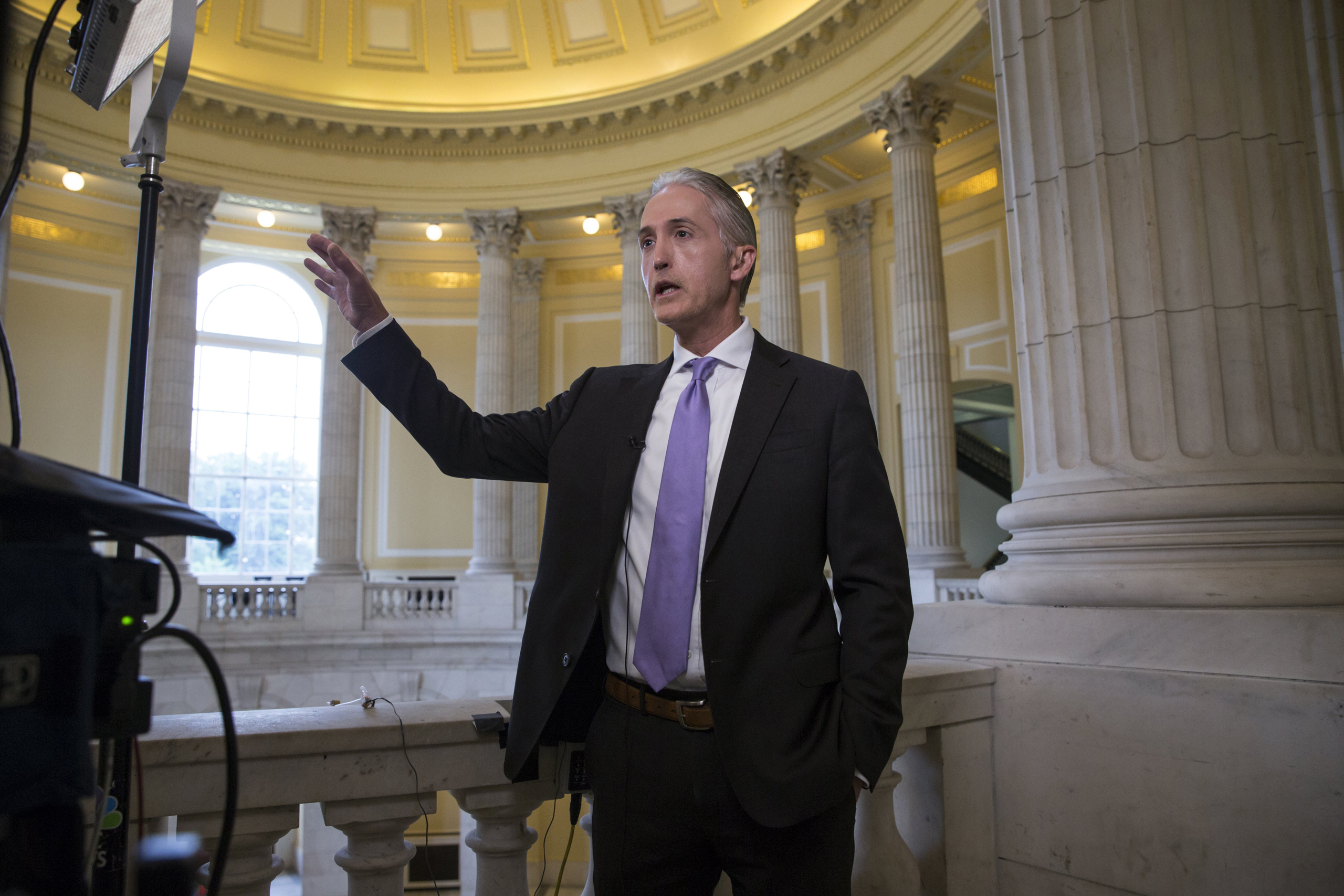 House Benghazi Committee Chairman Rep. Trey Gowdy (R-S.C.) gestures during a TV news interview with MSNBC to discuss the release of his final report on the 2012 attacks on the U.S. consulate in Benghaz , on Capitol Hill in Washington, D.C on June 28, 201