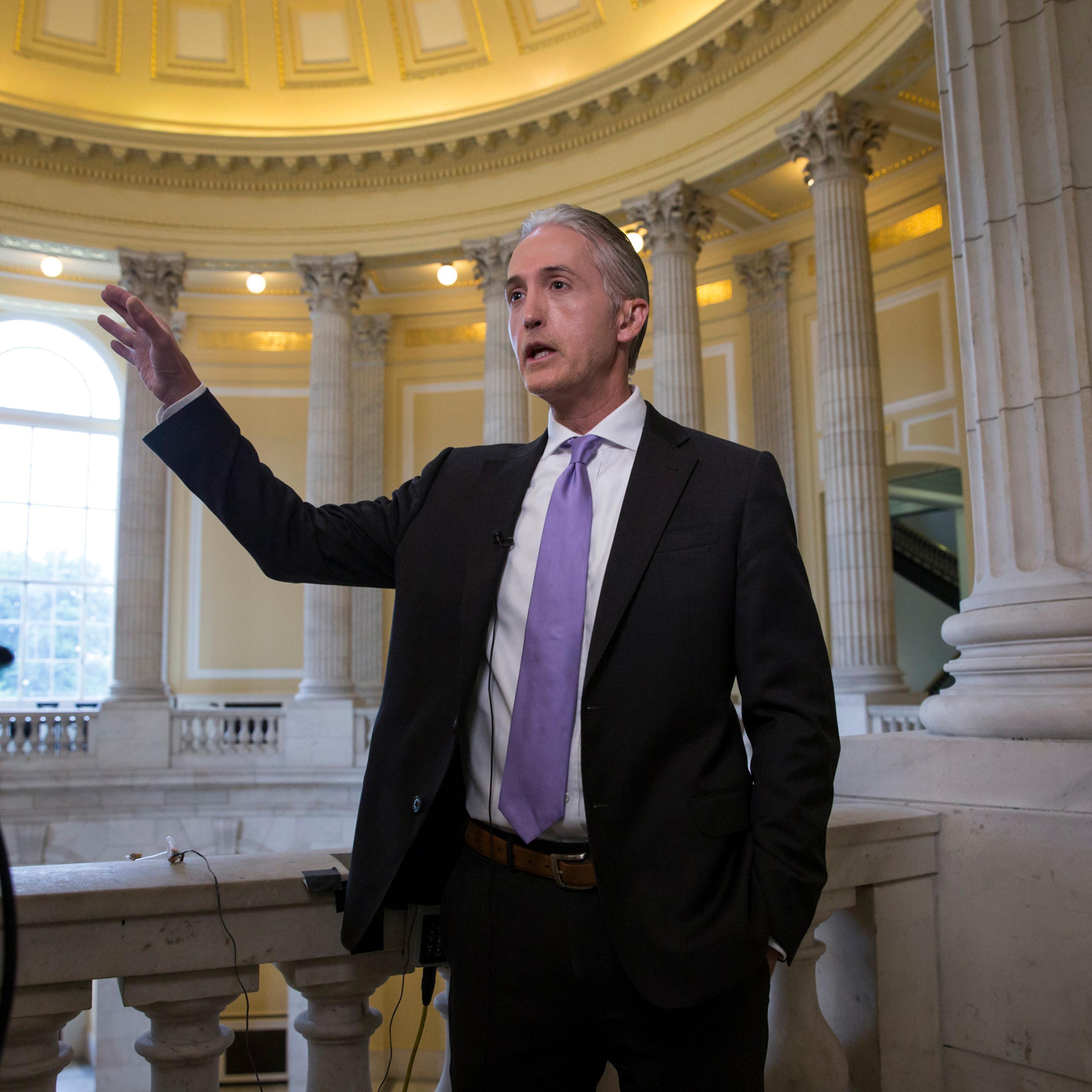 House Benghazi Committee Chairman Rep. Trey Gowdy (R-S.C.) gestures during a TV news interview with MSNBC to discuss the release of his final report on the 2012 attacks on the U.S. consulate in Benghaz , on Capitol Hill in Washington, D.C on June 28, 201