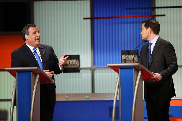 New Jersey Gov. Chris Christie and Florida Sen. Marco Rubio debate at the Fox Business Network Republican presidential debate at the North Charleston Coliseum and Performing Arts Center on January 14, 2016 in North Charleston, South Carolina.