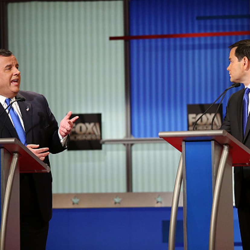 New Jersey Gov. Chris Christie and Florida Sen. Marco Rubio debate at the Fox Business Network Republican presidential debate at the North Charleston Coliseum and Performing Arts Center on January 14, 2016 in North Charleston, South Carolina.