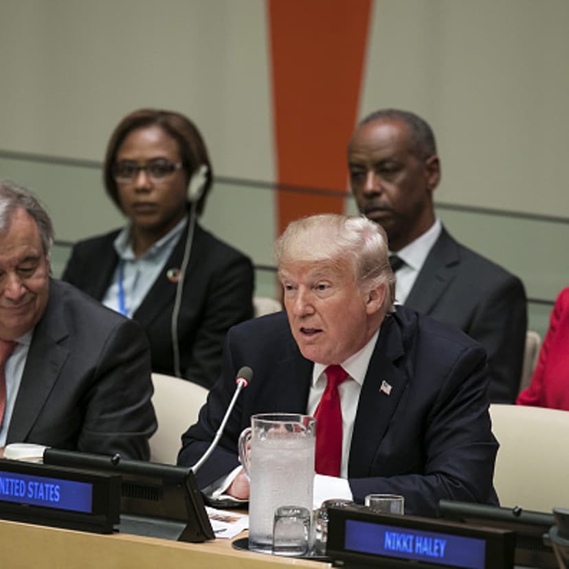 U.S. President Donald Trump, center, speaks as Antonio Guterres, United Nations (UN) secretary general, left, listens during a panel discussion at the UN General Assembly meeting in New York, U.S., on Monday, Sept. 18, 2017.