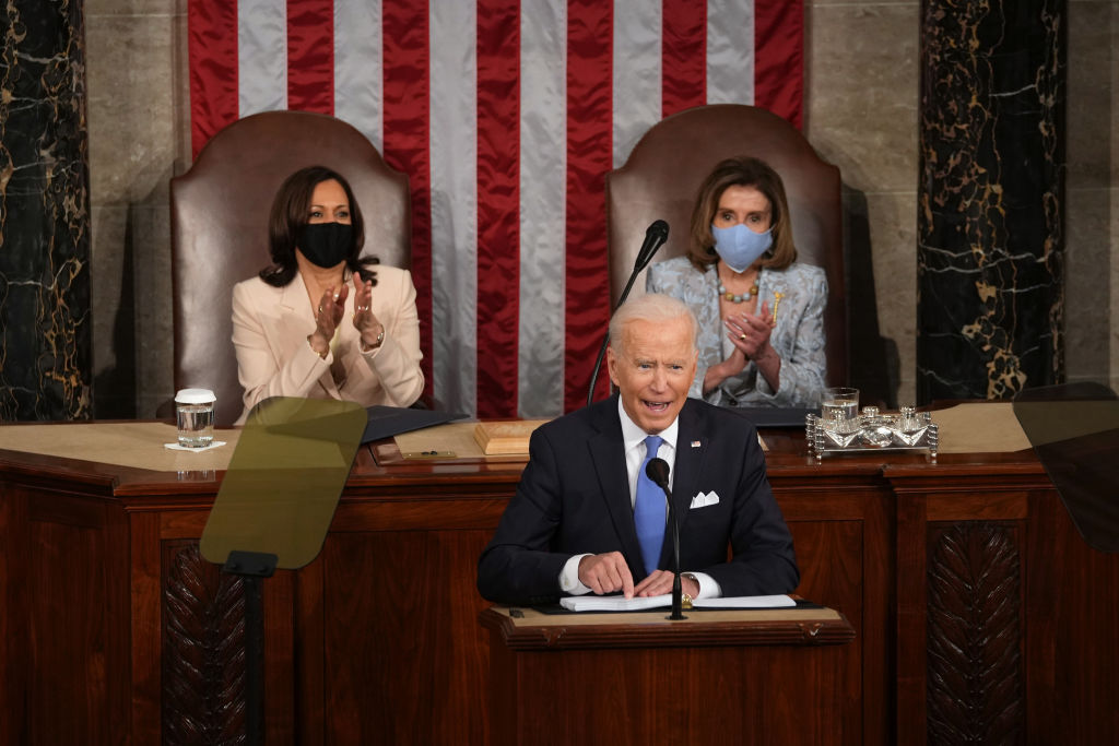 President Joe Biden speaks during a joint session of Congress at the U.S. Capitol in Washington, D.C., on April 28, 2021.
