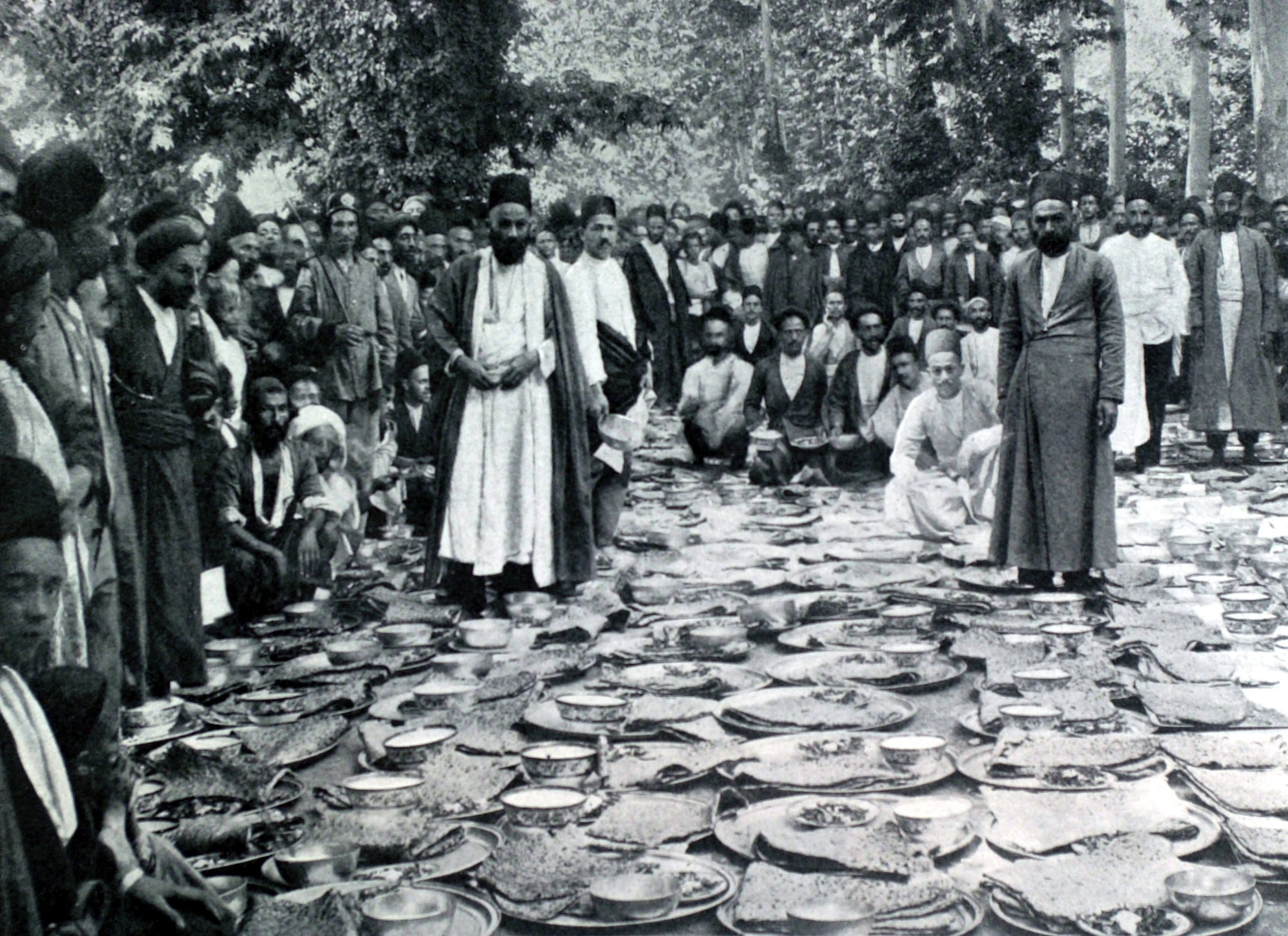 A meal served at the British embassy to around 1,500  peaceful demonstrators—bread, cheese, and sour milk—in 1906 Persia.