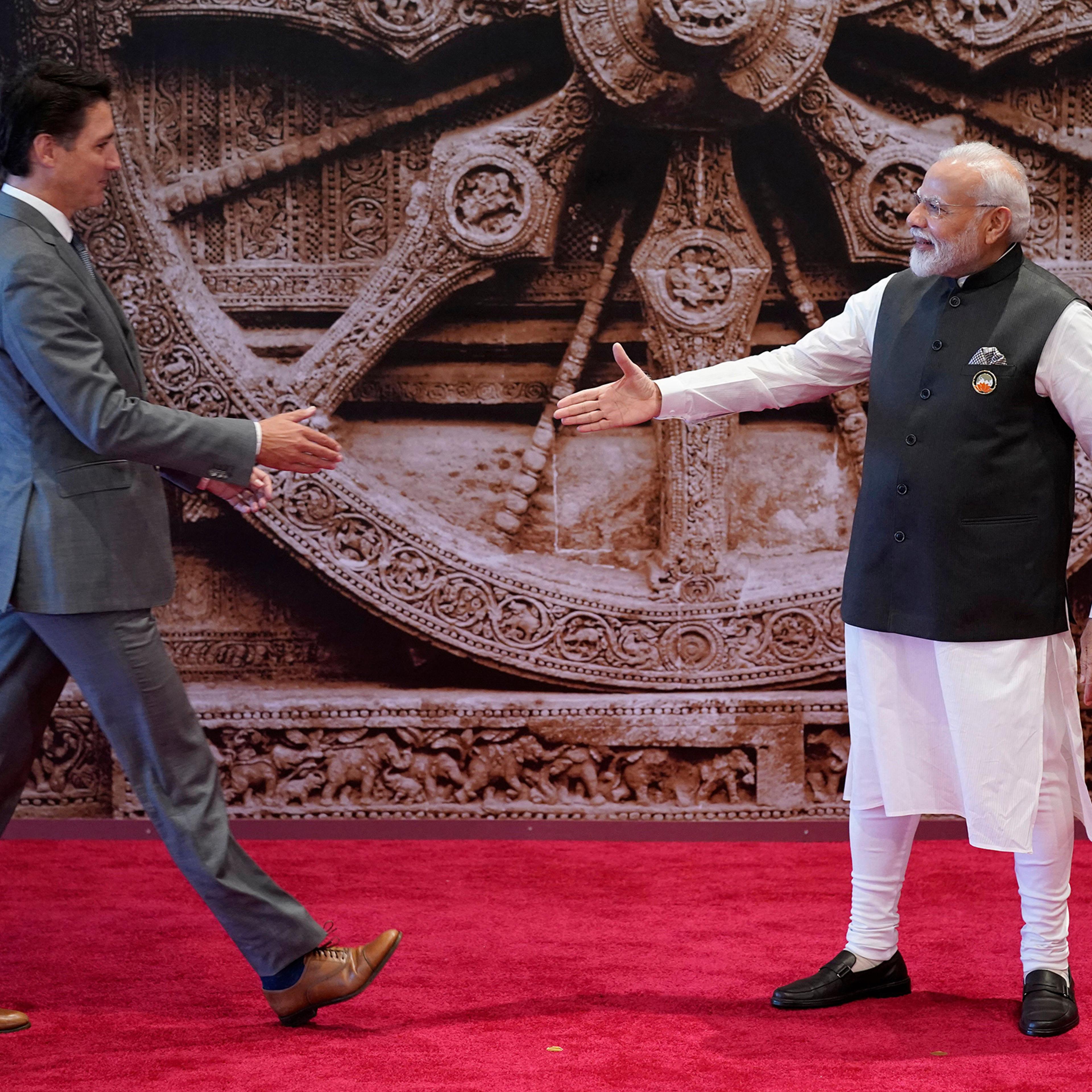 India's Prime Minister Narendra Modi greets Canada's Prime Minister Justin Trudeau ahead of the G20 Leaders' Summit in New Delhi on Sept. 9.