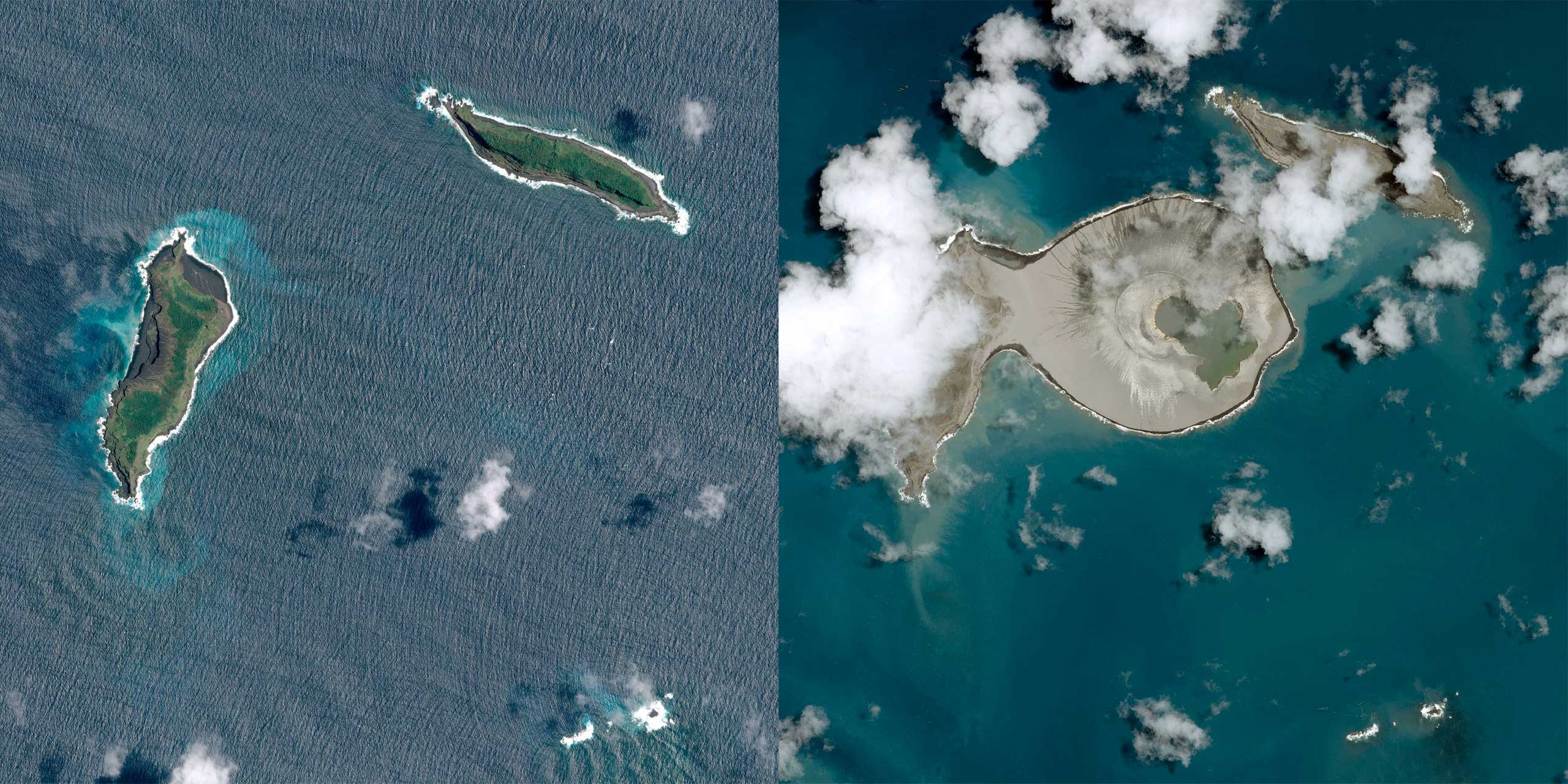 This diptych shows before and after satellite views of a new island, created when the island on the left fused with a volcanic crater, off the coast of Tonga. The pre-eruption satellite view before the island on the left became fused with the volcanic cr