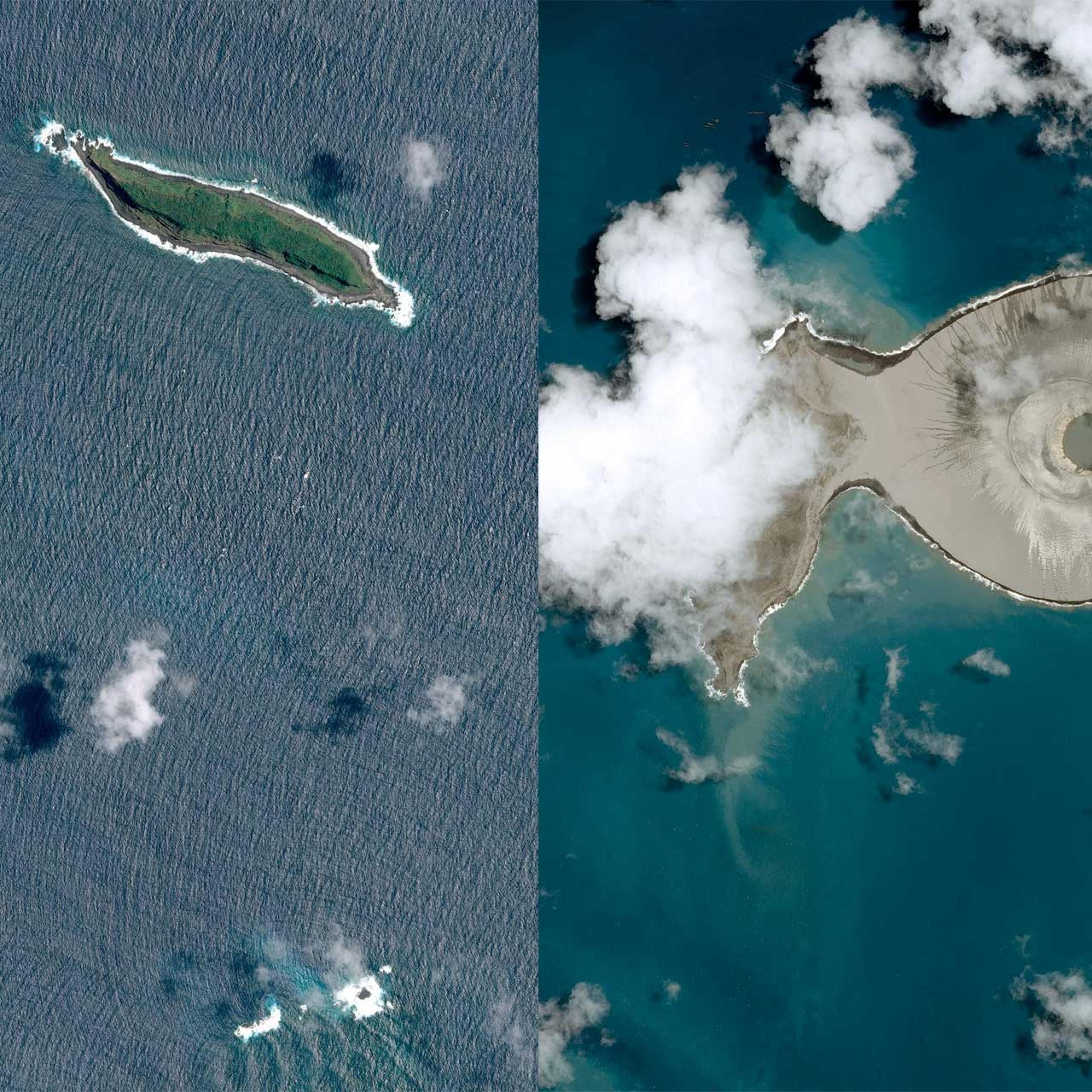 This diptych shows before and after satellite views of a new island, created when the island on the left fused with a volcanic crater, off the coast of Tonga. The pre-eruption satellite view before the island on the left became fused with the volcanic cr