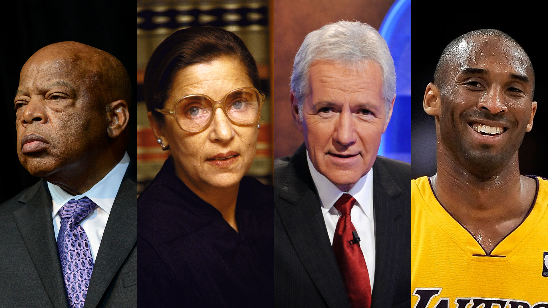 From left to right, John Lewis, Ruth Bader Ginsburg, Alex Trebek and Kobe Bryant