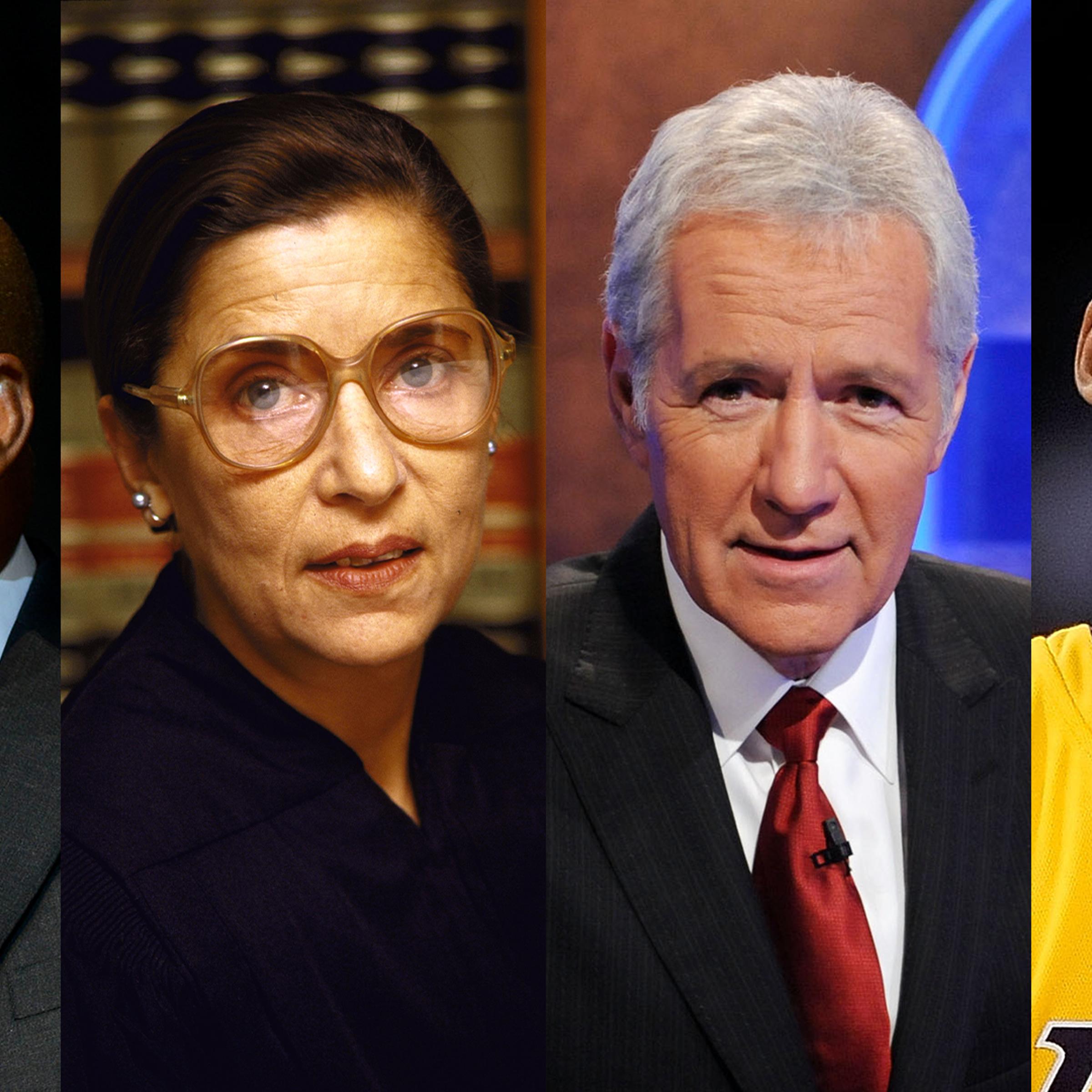 From left to right, John Lewis, Ruth Bader Ginsburg, Alex Trebek and Kobe Bryant