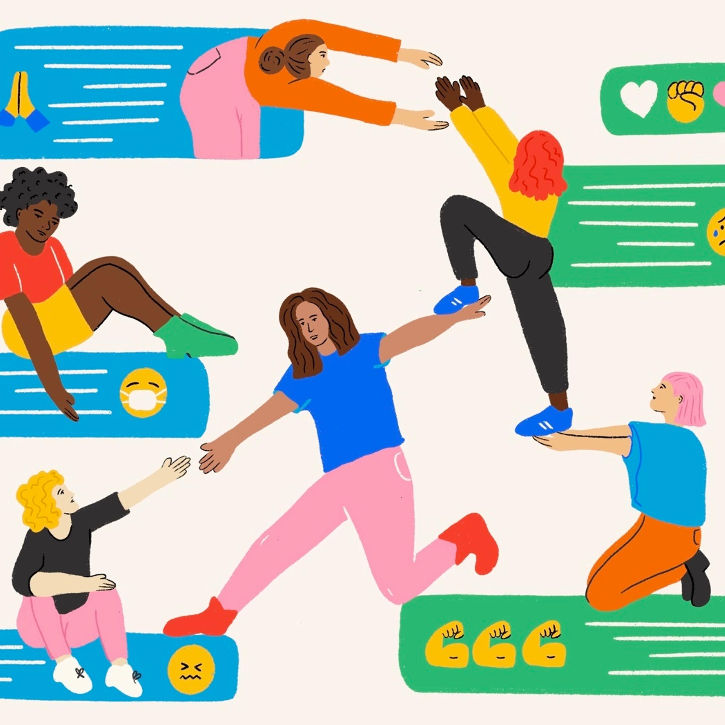 An illustration of people climbing on text messages to symbolize a group text