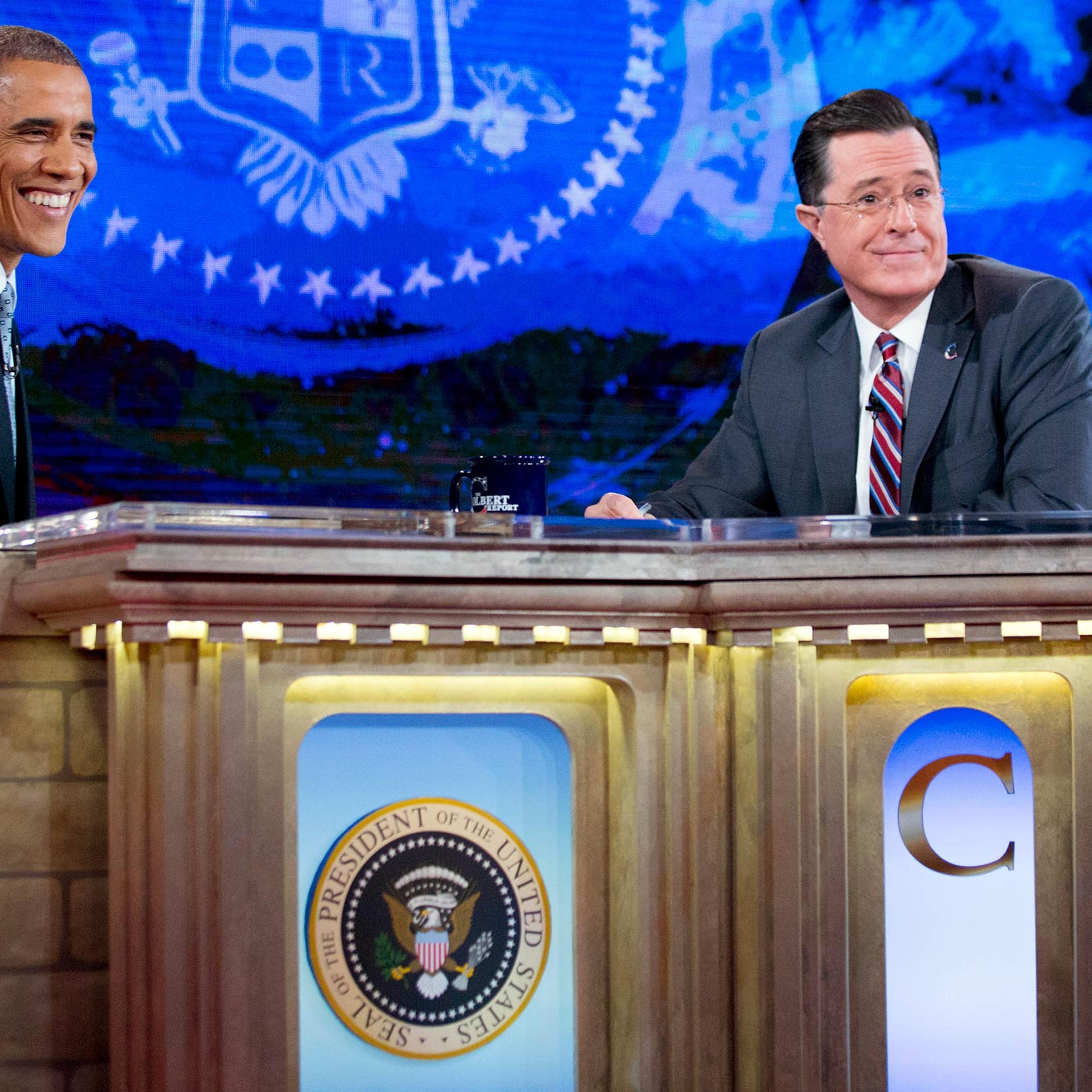 President Obama Tapes An Interview For The Colbert Report with Stephen Colbert