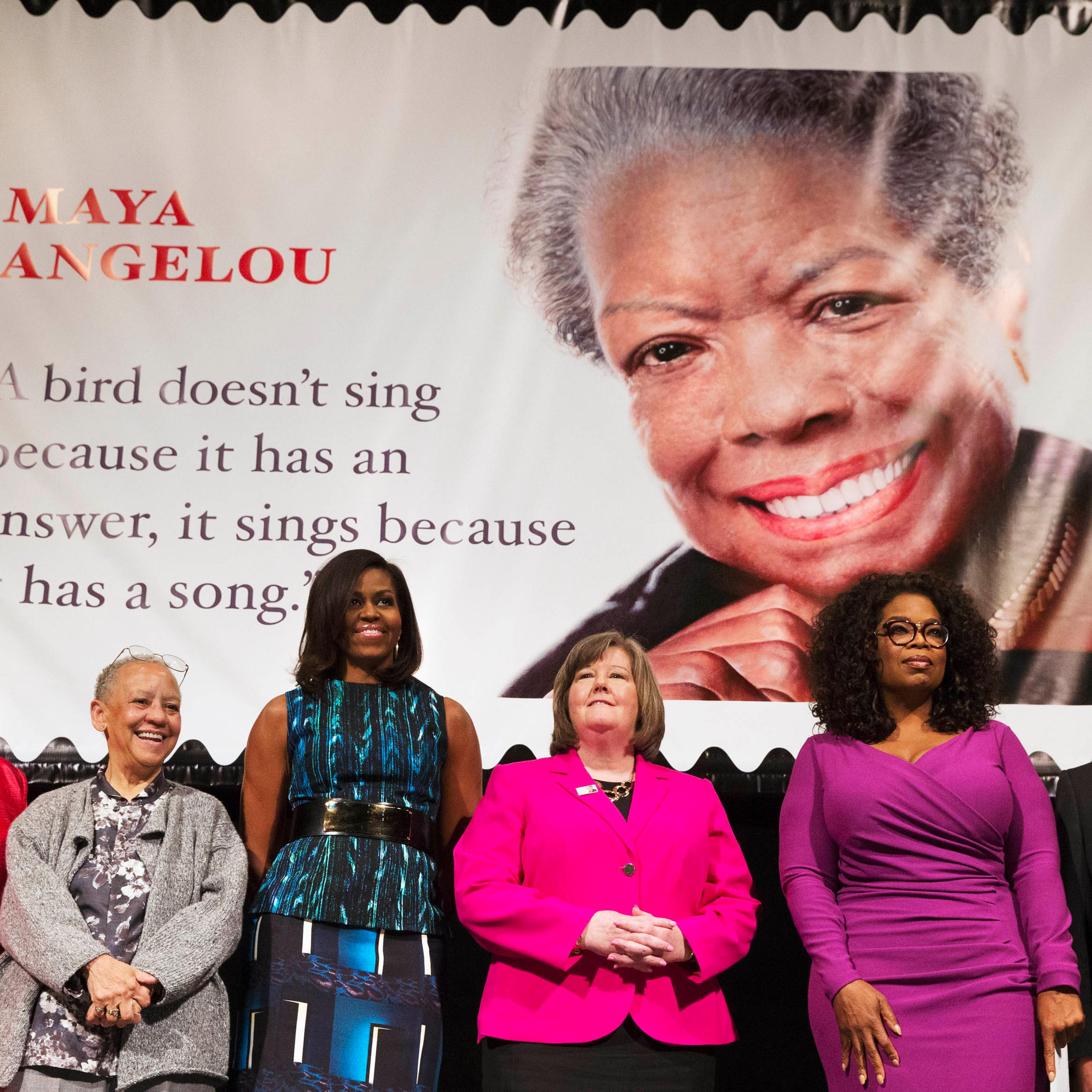 First lady Michelle Obama participates in the unveiling of the Maya Angelou Forever Stamp, Tuesday, April 7, 2015, at the Warner Theater in Washington D.C.