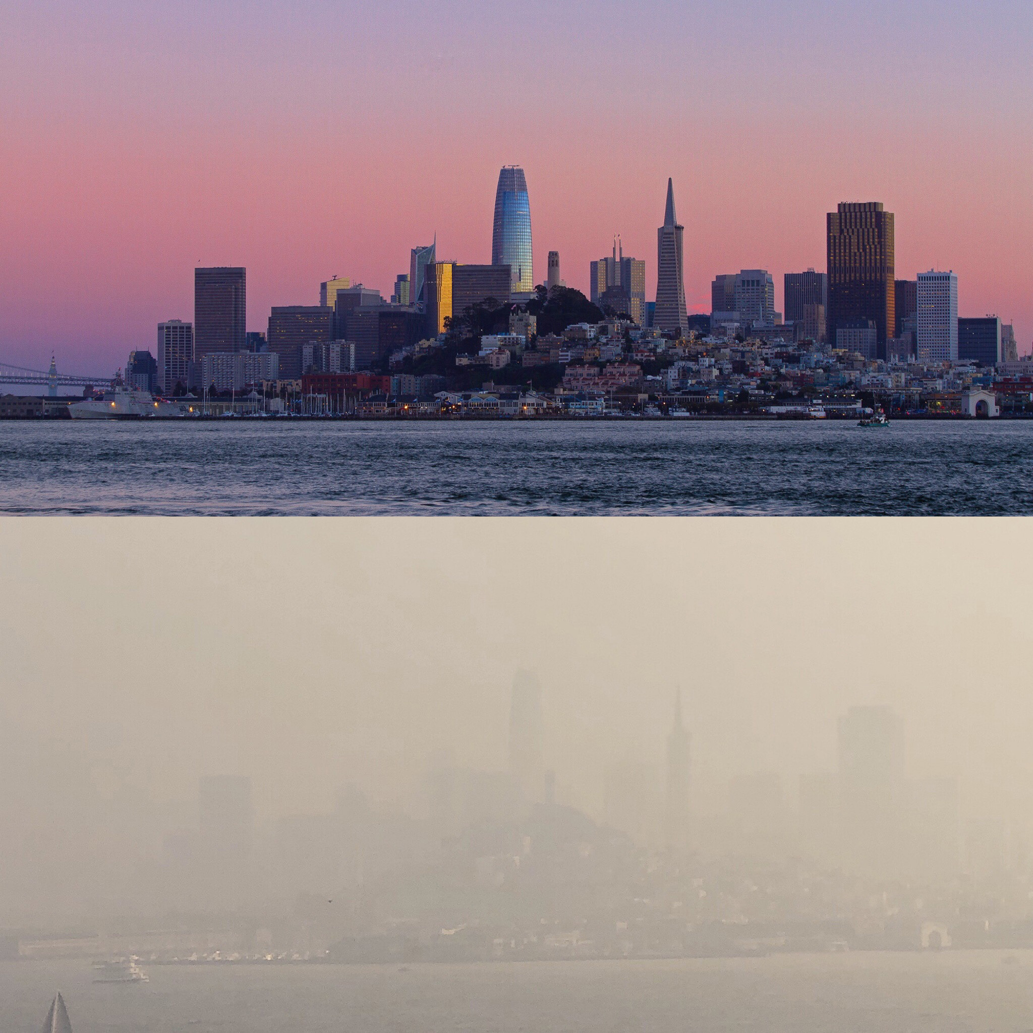 Marc Stokes, who works on Alcatraz in San Francisco, posted side-by-side photos of the view from the island on from the week of Oct. 28 and Nov. 10, two days after a fire started in Butte County, Calif.