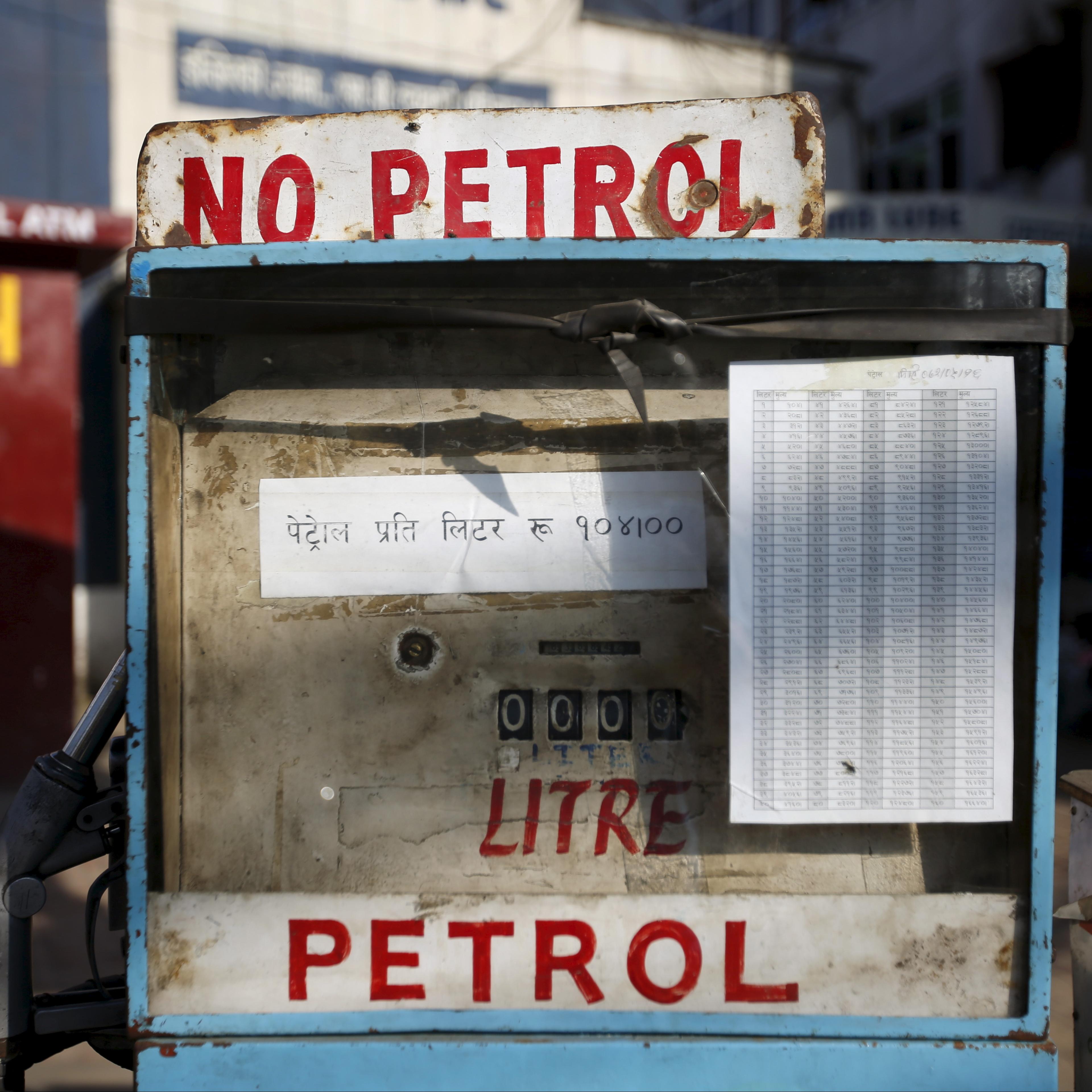 Sign reading "no petrol" is pictured at a petrol pump as fuel crisis continues in Kathmandu, Nepal