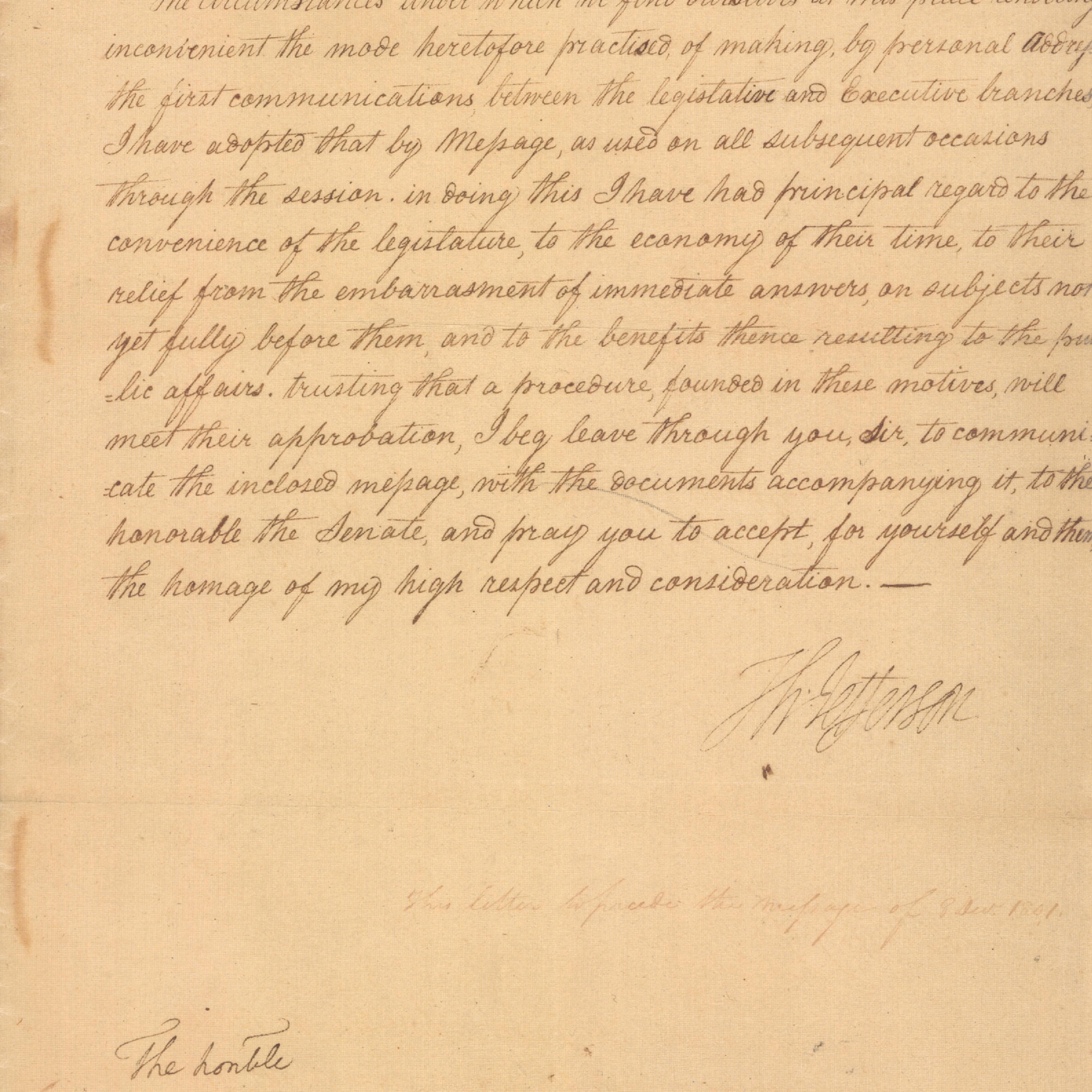 President Thomas Jefferson's letter to the President of the Senate, 1801
