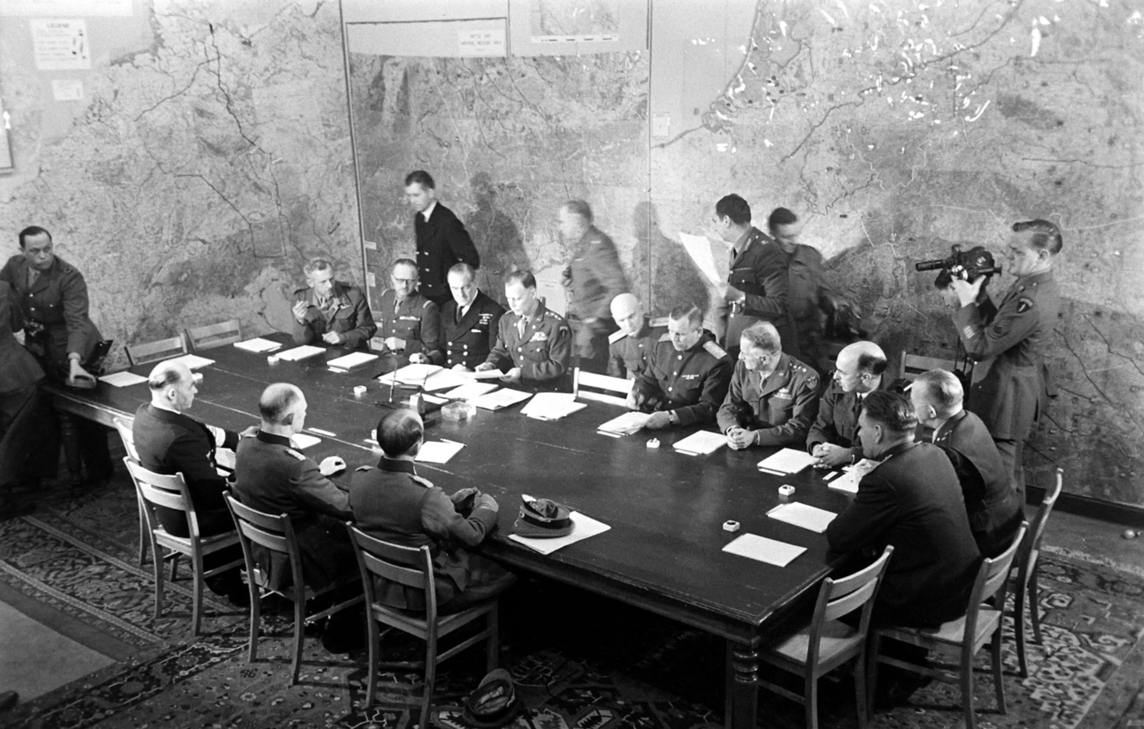 Scene at German surrender in World War II, Reims, France, May 7, 1945.