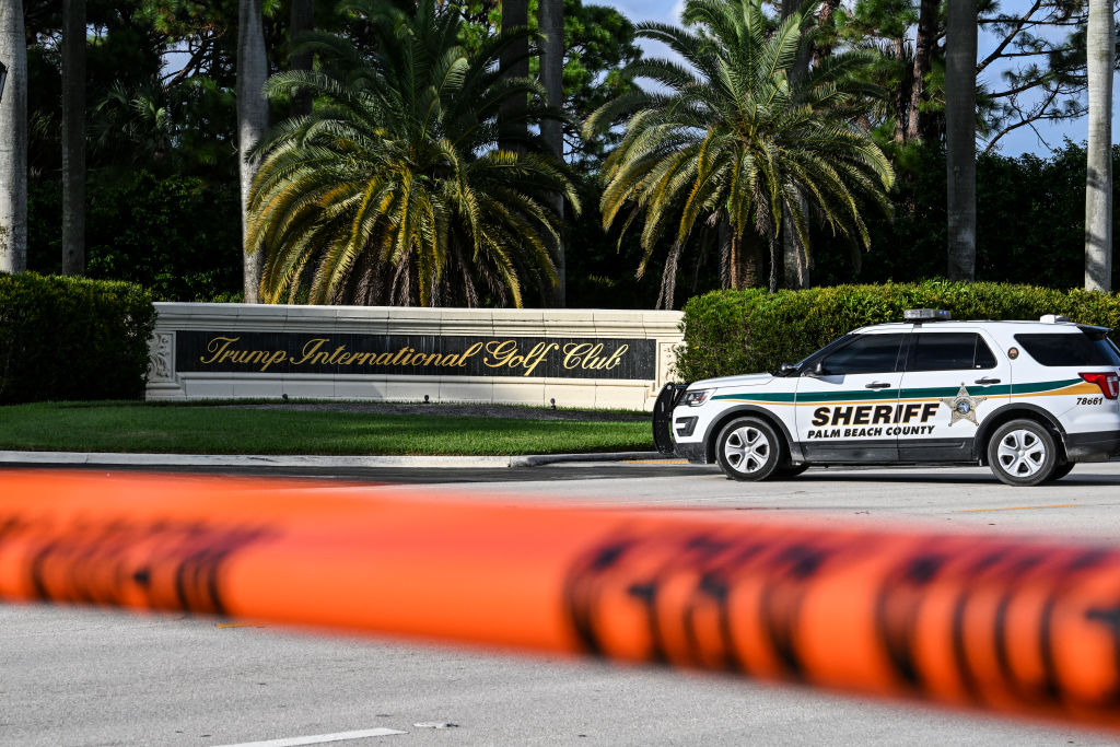 A Sherrif's vehicle blocks the street outside the Trump International Golf Club in West Palm Beach, Florida, on Sept. 15, 2024.