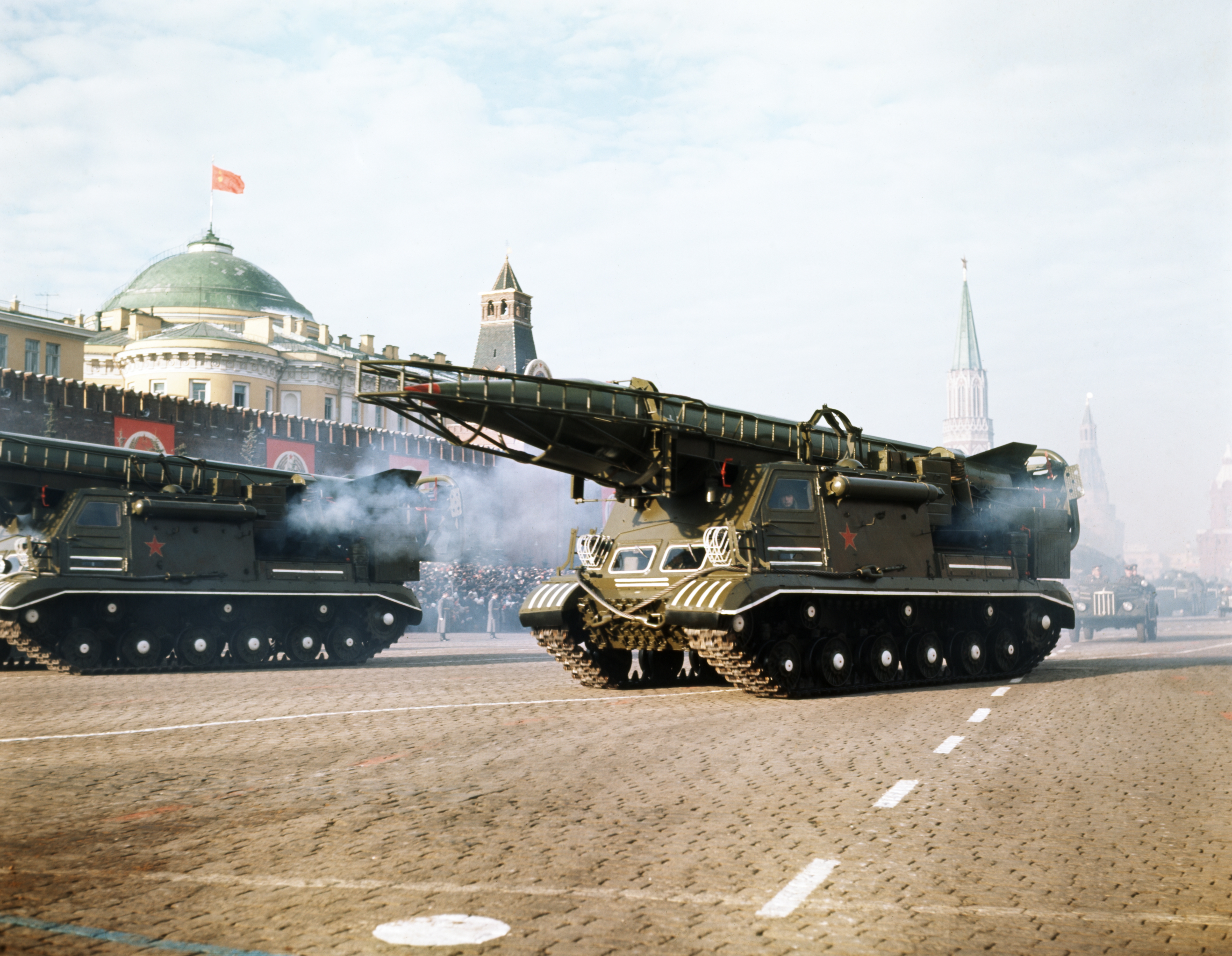 Motorized ballistic missile launchers bearing scud a tactical nuclear missiles at a military parade in red square celebrating the anniversary of the great october socialist revolution on november 7, moscow, ussr, early 1980s.