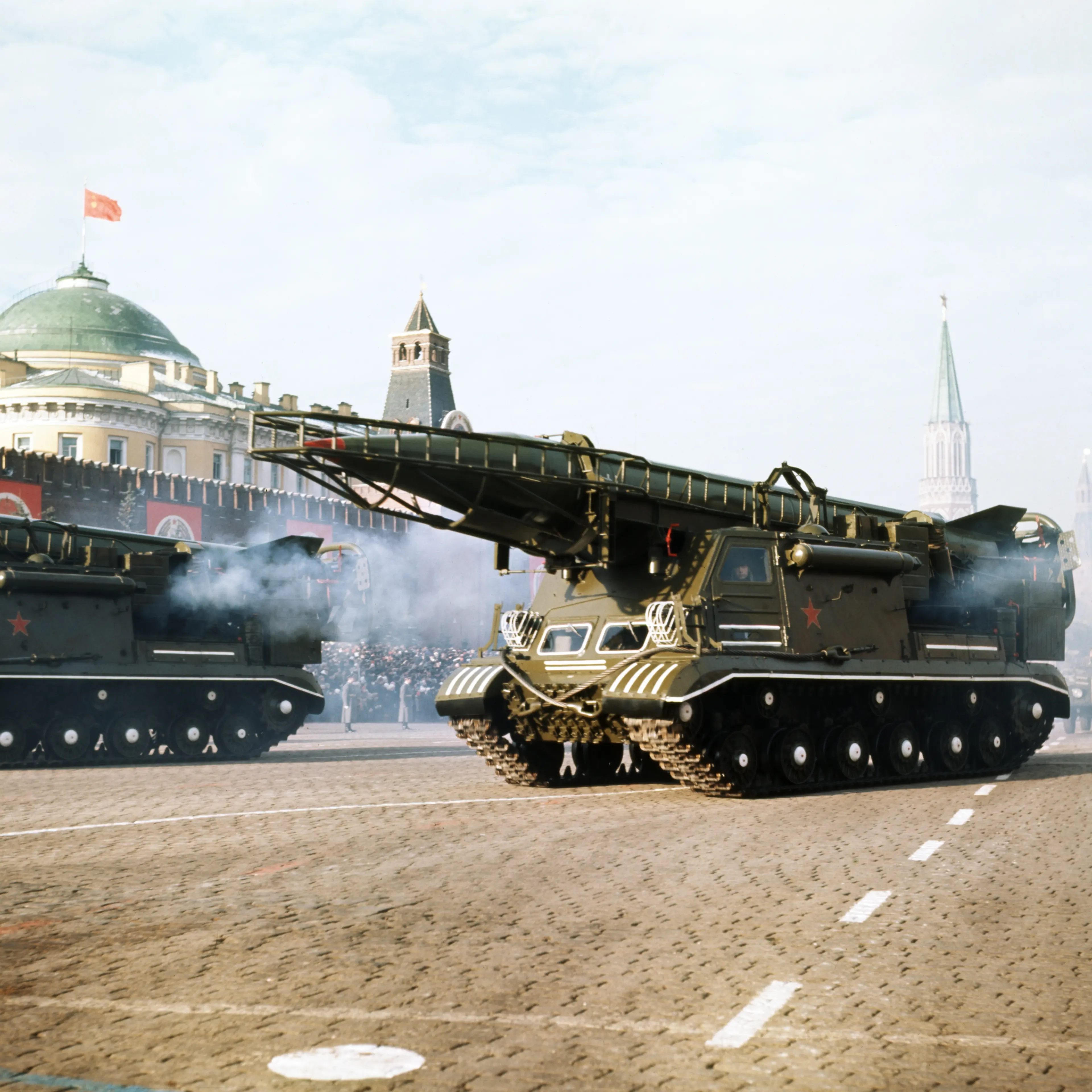 Motorized ballistic missile launchers bearing scud a tactical nuclear missiles at a military parade in red square celebrating the anniversary of the great october socialist revolution on november 7, moscow, ussr, early 1980s.