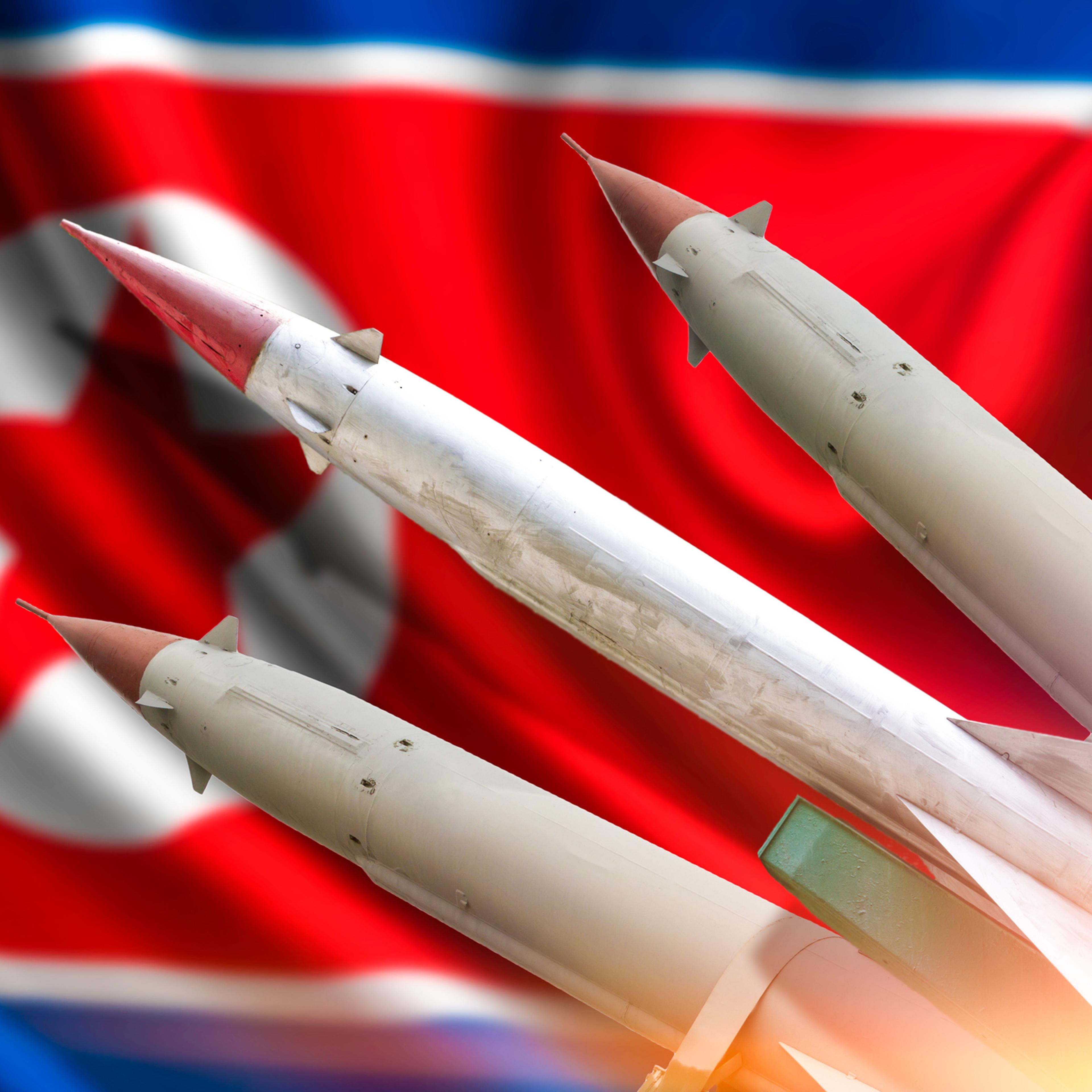 The rocket to launch. The flag of North Korea.